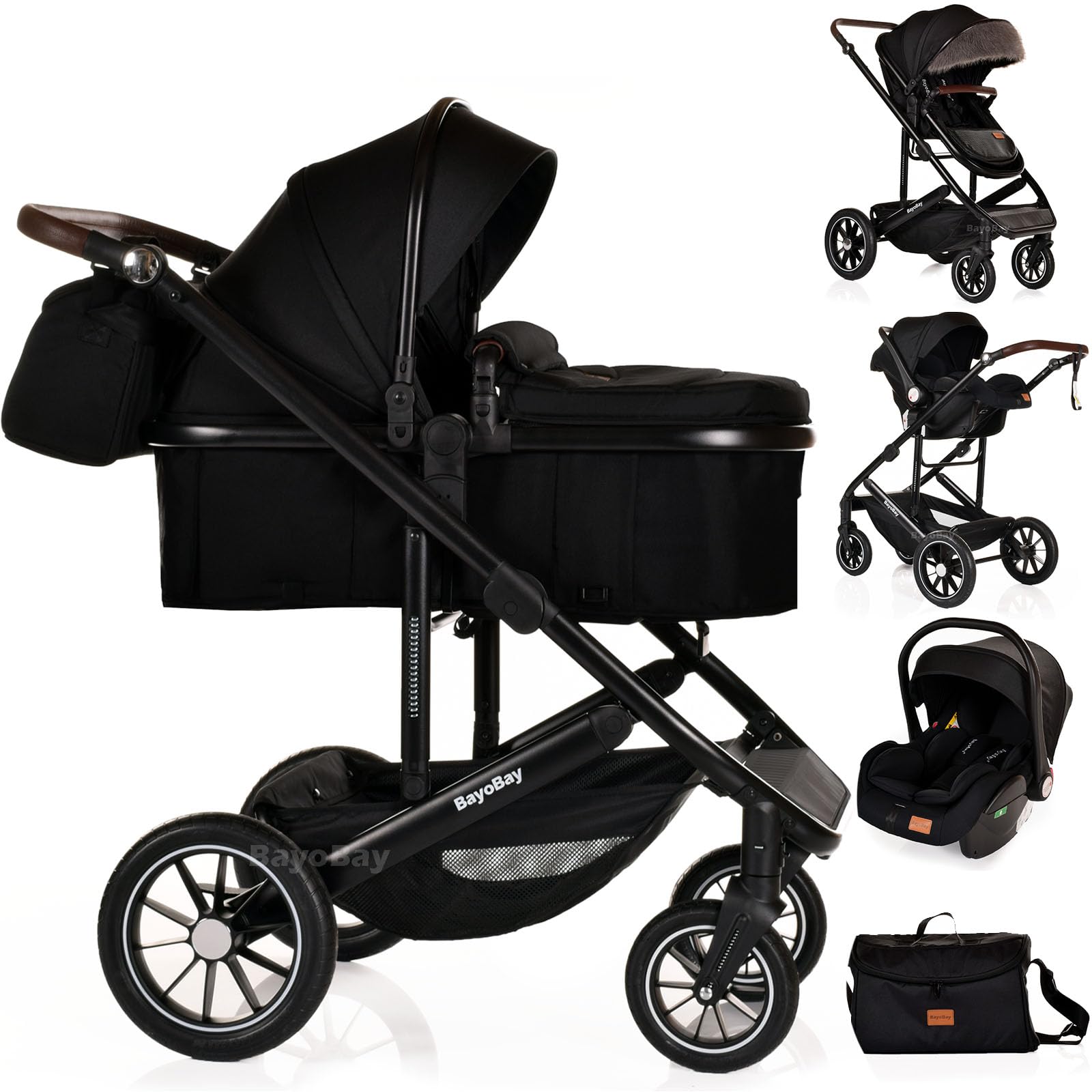 Baby Pram & Pushchair Travel System 3 in1 with Car Seat - Lightweight Folding Buggy Stroller for Newborns 0-36 Months (Black Black - Lite Frame & Swap Canopy (Fur & Plain))