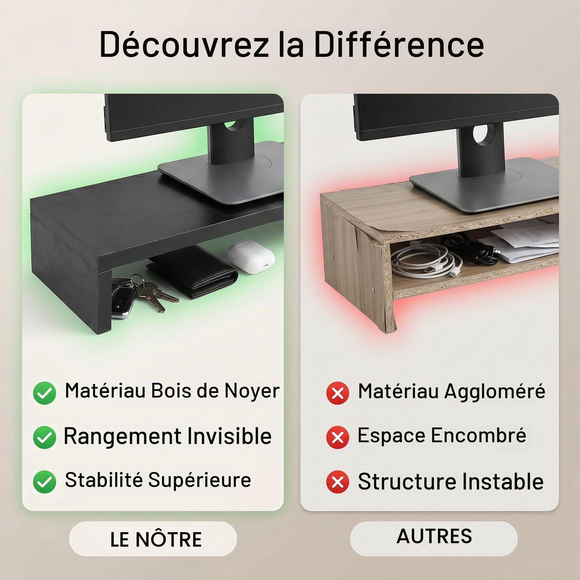 Rehausseur d'Écran en Bois Noir 50,04x20,07x6,10 cm (19,7x7,9x2,4 Pouces), Socle Ergonomique Support Moniteur Bureau, Organisateur de Rangement pour Écran PC, Ordinateur Portable, Téléviseur
