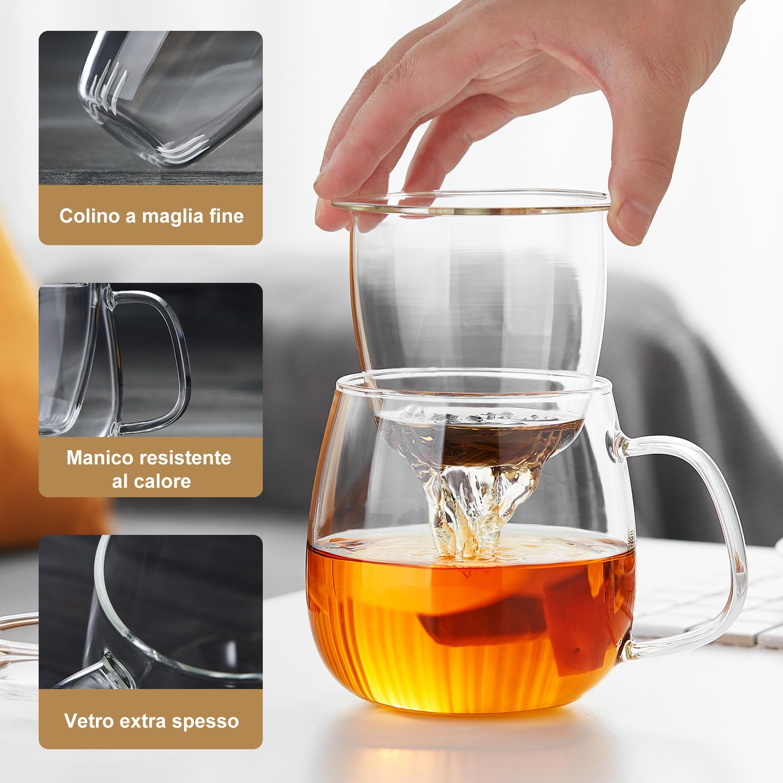 Tazze, Tazza da Tè in Vetro con Uovo e Coperchio, Grande, in Borosilicato, 500 ml, Tazza Trasparente per Tè Sfuso, Tazze Tè Fiorito, Tazza Vetro per Bustina da Tè