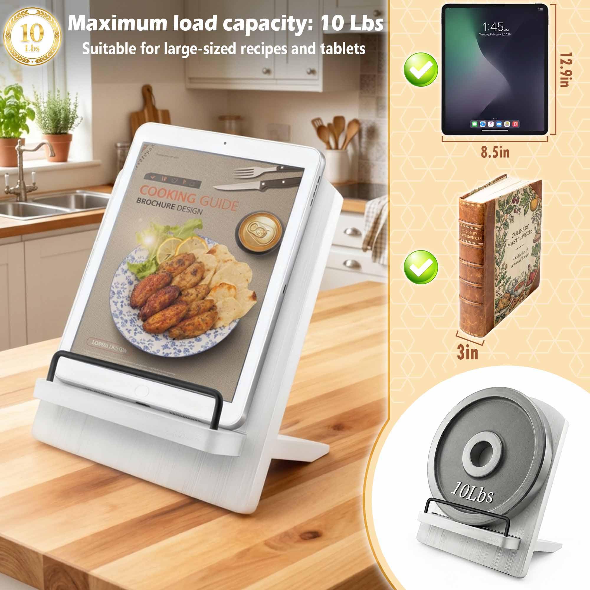 Soporte para libros de cocina, soporte de madera para recetas, soporte para libros de recetas con soporte ajustable, soporte para libros de cocina rústico (lavado en blanco)