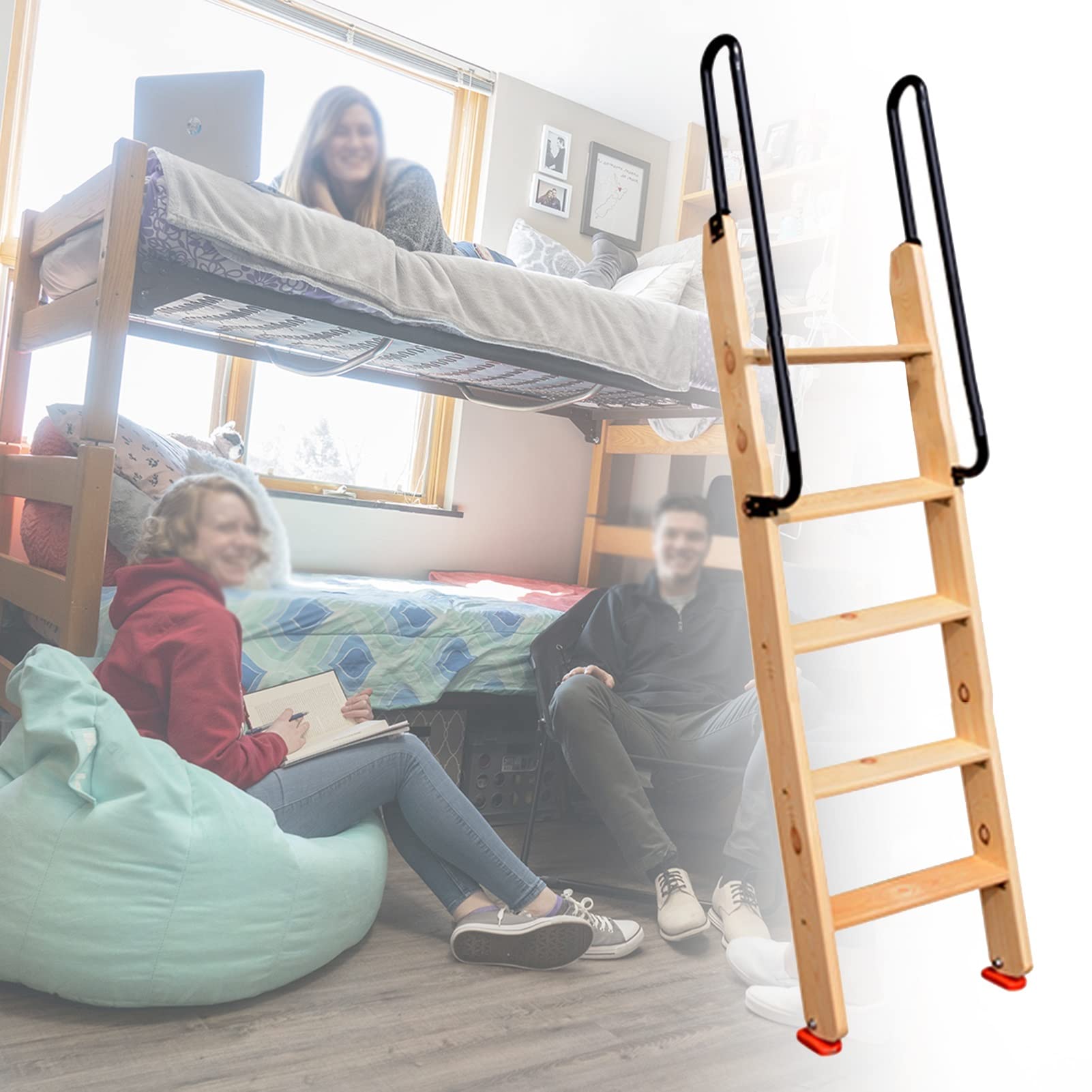 Escalera de madera para litera con asa, diseño antideslizante para un uso estable, ideal para aplicaciones de autocaravana, caravana, remolque o dormitorio