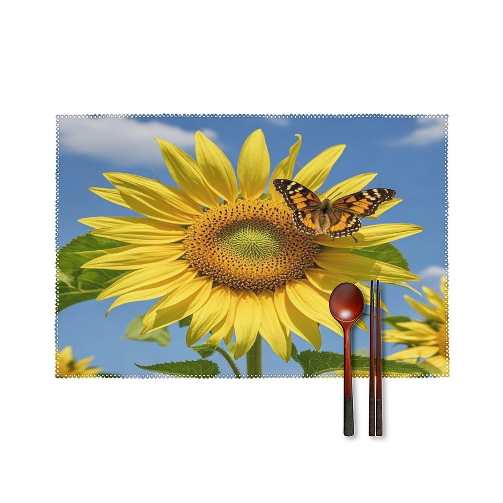 Sunflower and Butterfly Placemats Set of 6 Washable Farmhouse Dining Table Mat Non Slip Heat Resistant Non-Slip Place Mats Easy Clean Table Protective Placemats for Indoors & Outdoors