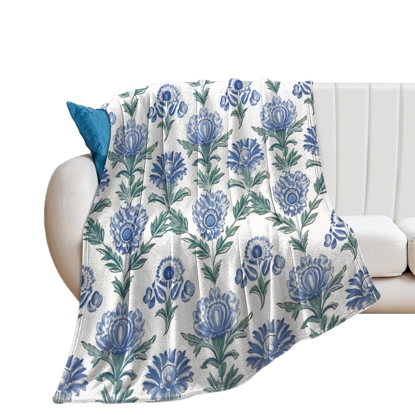 Couverture florale bleue légère et thermorégulatrice pour lit