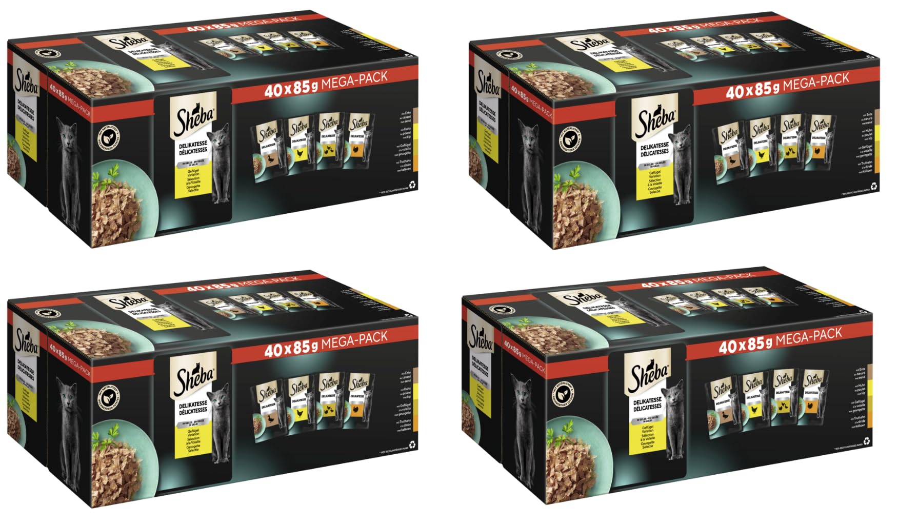 SHEBA Portionsbeutel Mega-Pack Multipack Delikatesse in Gelee Geflügel Variation (4X 3400g, Geflügel)