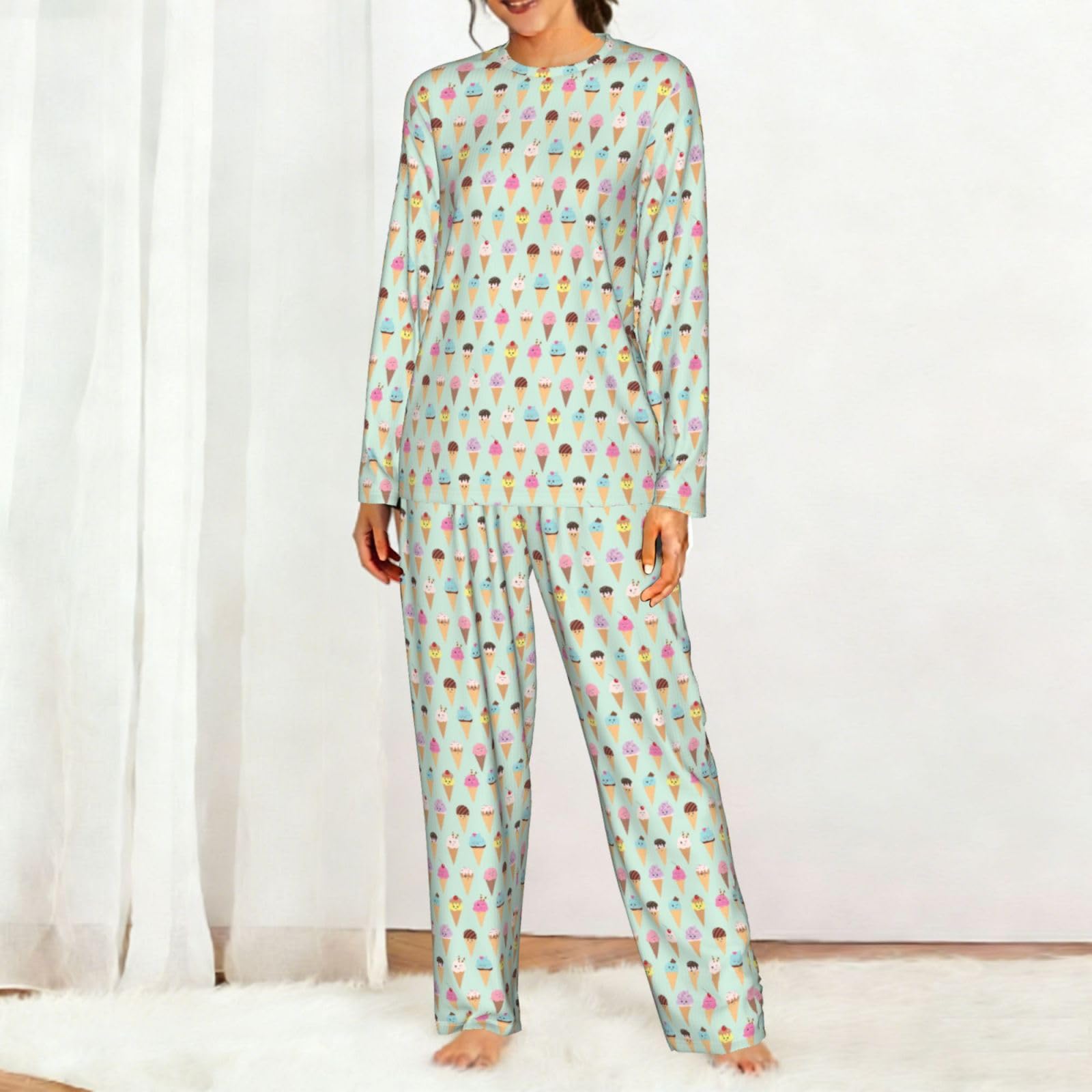 Ice Cream Cones Stampa Delle Donne Manica Lunga Set Pigiama Corrispondente Morbido Elastico Coulisse Casual Daywear