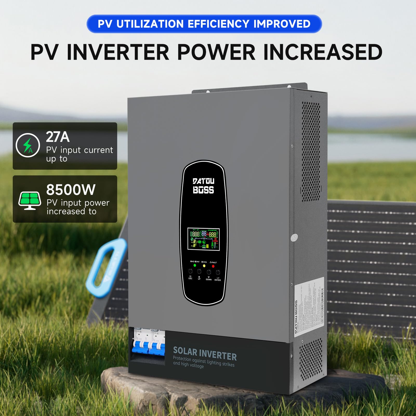 DATOUBOSS 6200W Solar Hybrid Wechselrichter 48VDC zu 230VAC Reiner Sinus Wechselrichter mit 120A MPPT, 8500W Photovoltaik-Eingang,Unterstützt batterielose, BMS-Schutzsystem, für 48V Lithium Batterien.