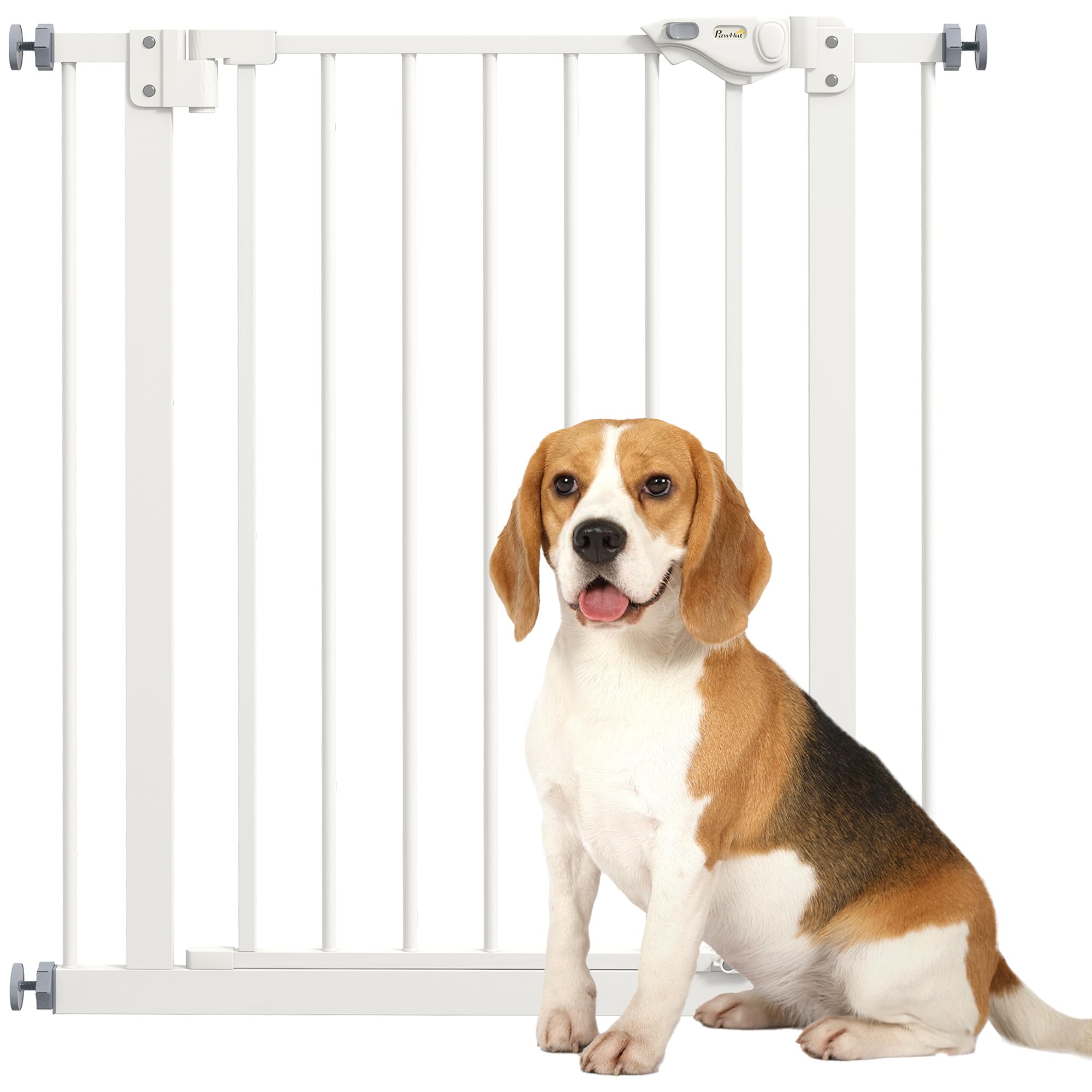 PawHut Puerta de Seguridad para Perros, Puerta de Barrera, 74-80 cm, Puerta de Seguridad de Escalera para Mascotas, Puerta para Perros, Puerta de Seguridad sin taladrar, Metal, plástico, Blanco | Reja de protección para escaleras, puerta y escalera, orien