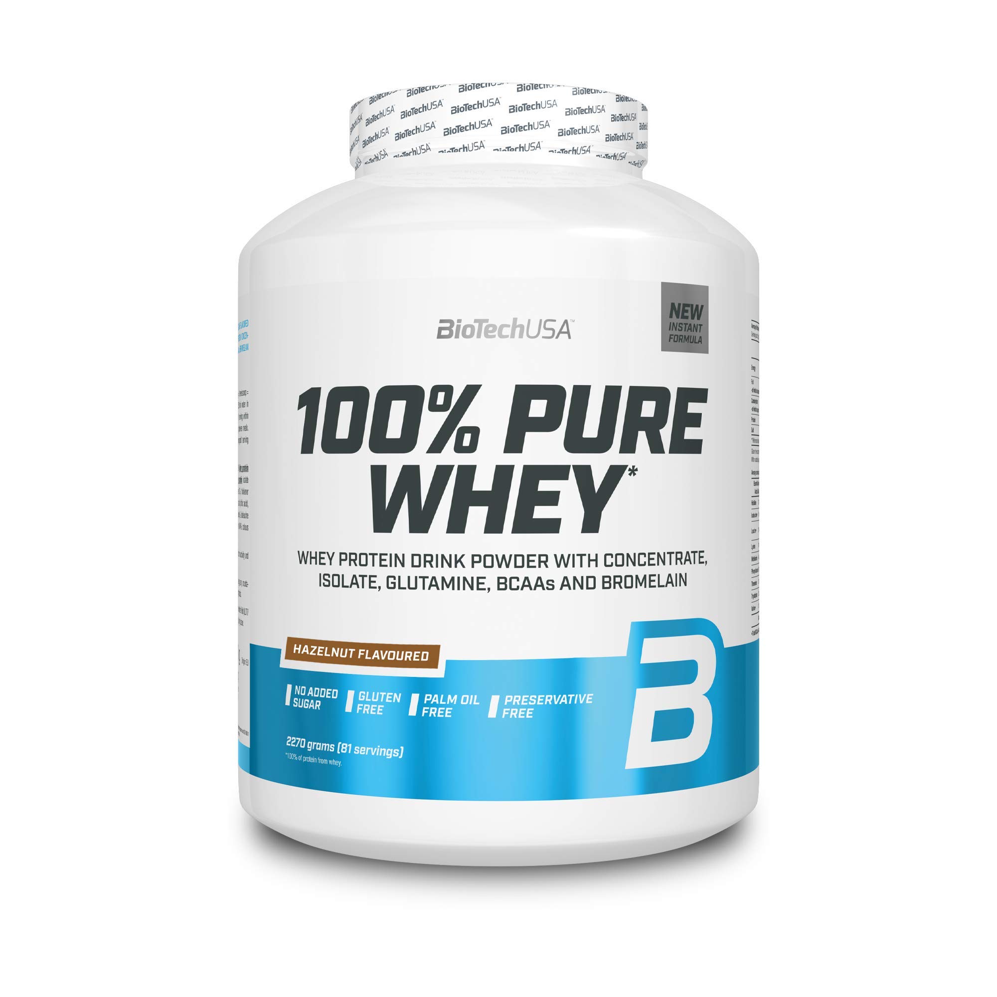 BioTechUSA100% Pure Whey | Protein powder with BCAA and glutamine | Gluten-free, without palm oil | 21g protein per serving, 2.27 kg, Hazelnut