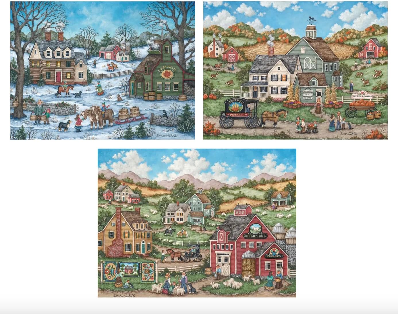 Bits and Pieces – Value Set of 3 Jigsaw Puzzles for Adults 500 Pieces – Rustic Farm Seasons Collection Featuring Summer, Winter, and Fall Countryside Artwork