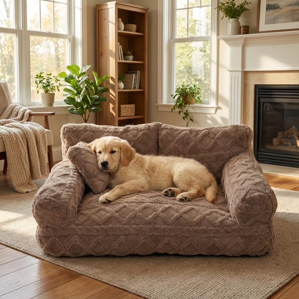 2026 New Plush Calming Pet Sofa Bed, Orthopedic Dog Bed with Removable Washable Cover, Raised Rim Non-Slip Bottom for Small Large Dogs & Cats, For Large Small Dogs & Cats (B, S)