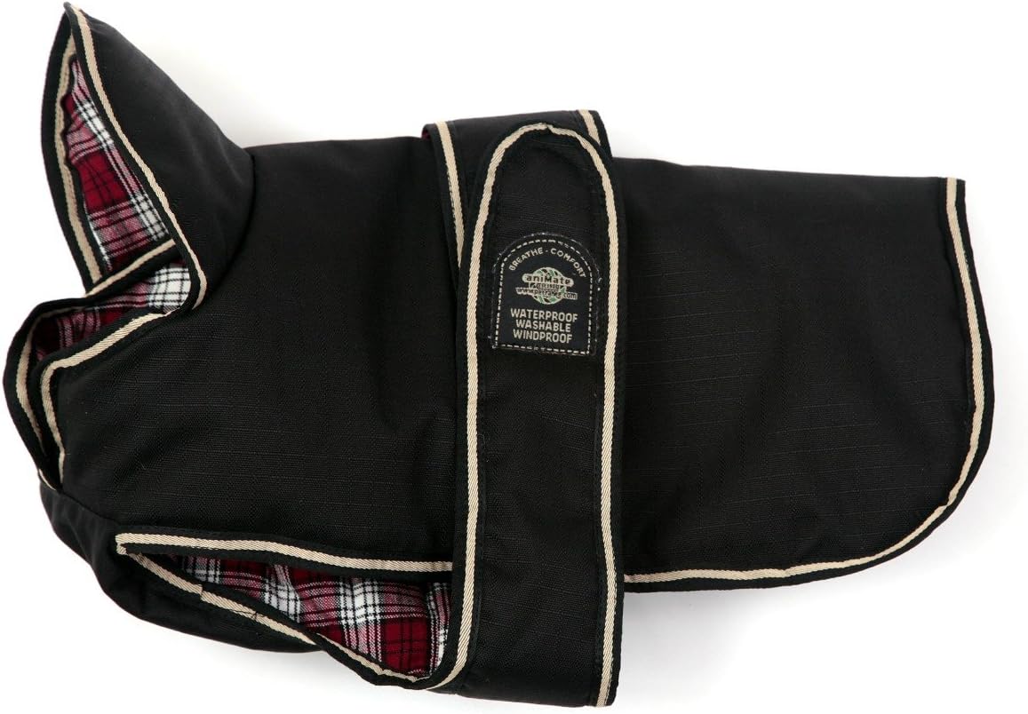 Outhwaite Padded Belly Dog Coat with Tartan Lining, 26Inch, Black/Red