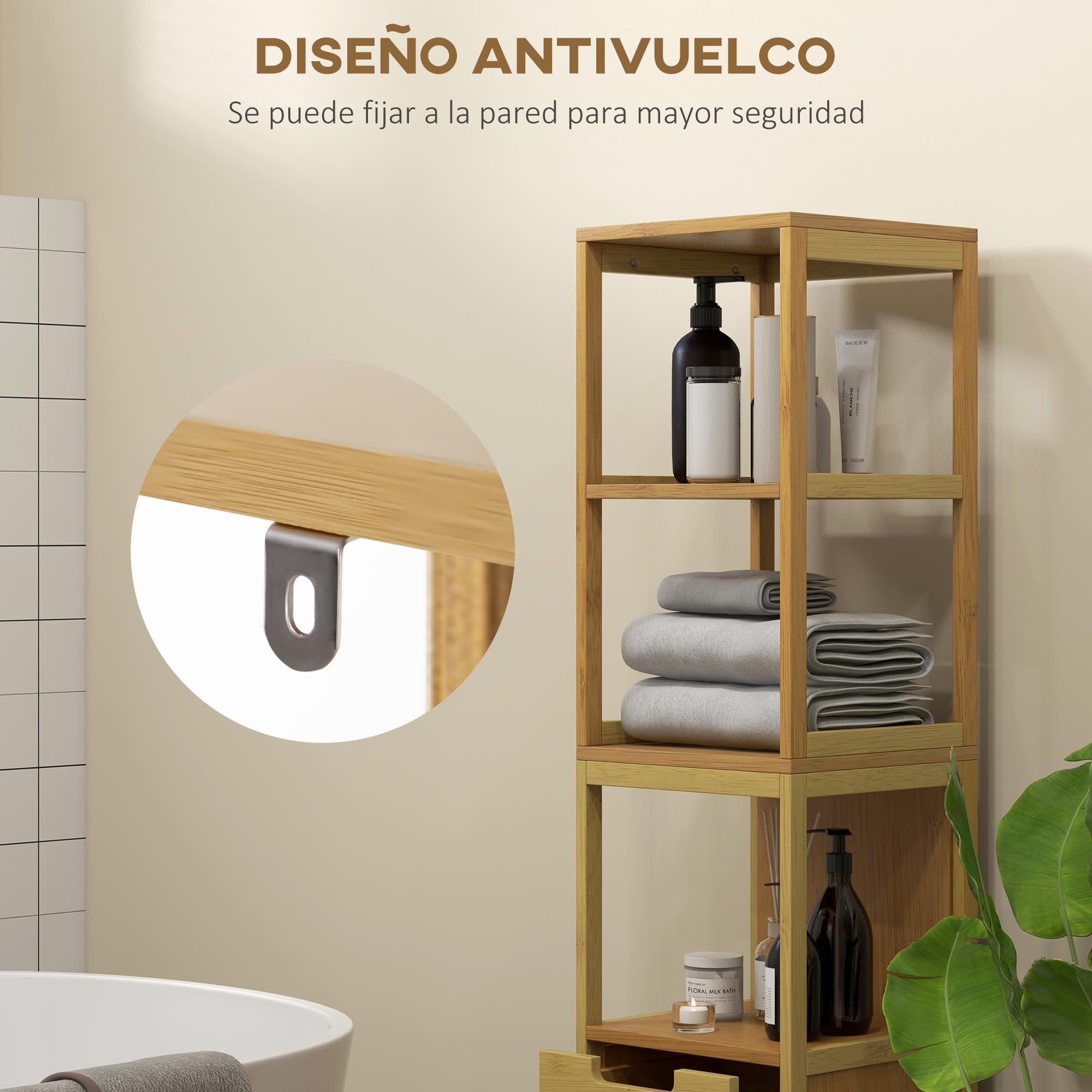 kleankin Armario de Baño Alto, Columna de Baño Estrecha con 3 Estantes y 2 Cajones de Bambú, Estilo Moderno, 30x30x144,3 cm, Natural