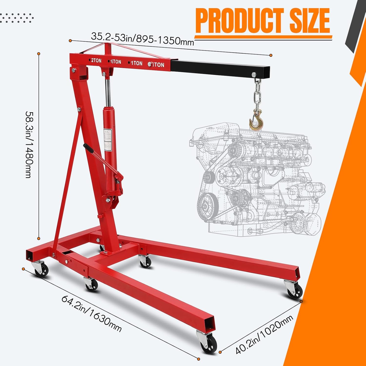 4400LBS Engine Hoist, Cherry Picker Shop Crane, 2 Ton Heavy Duty Folding Hydraulic Engine Lift w/ 6 Casters for Garage Workshop Warehouse