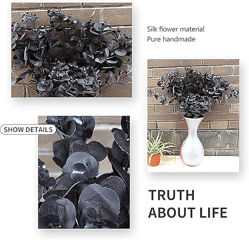 Miniatura 6 de Tallos artificiales de eucalipto, 2 ramas de hojas negras sintéticas con 4 tallo principal, arbusto de follaje de dólar plateado falso para