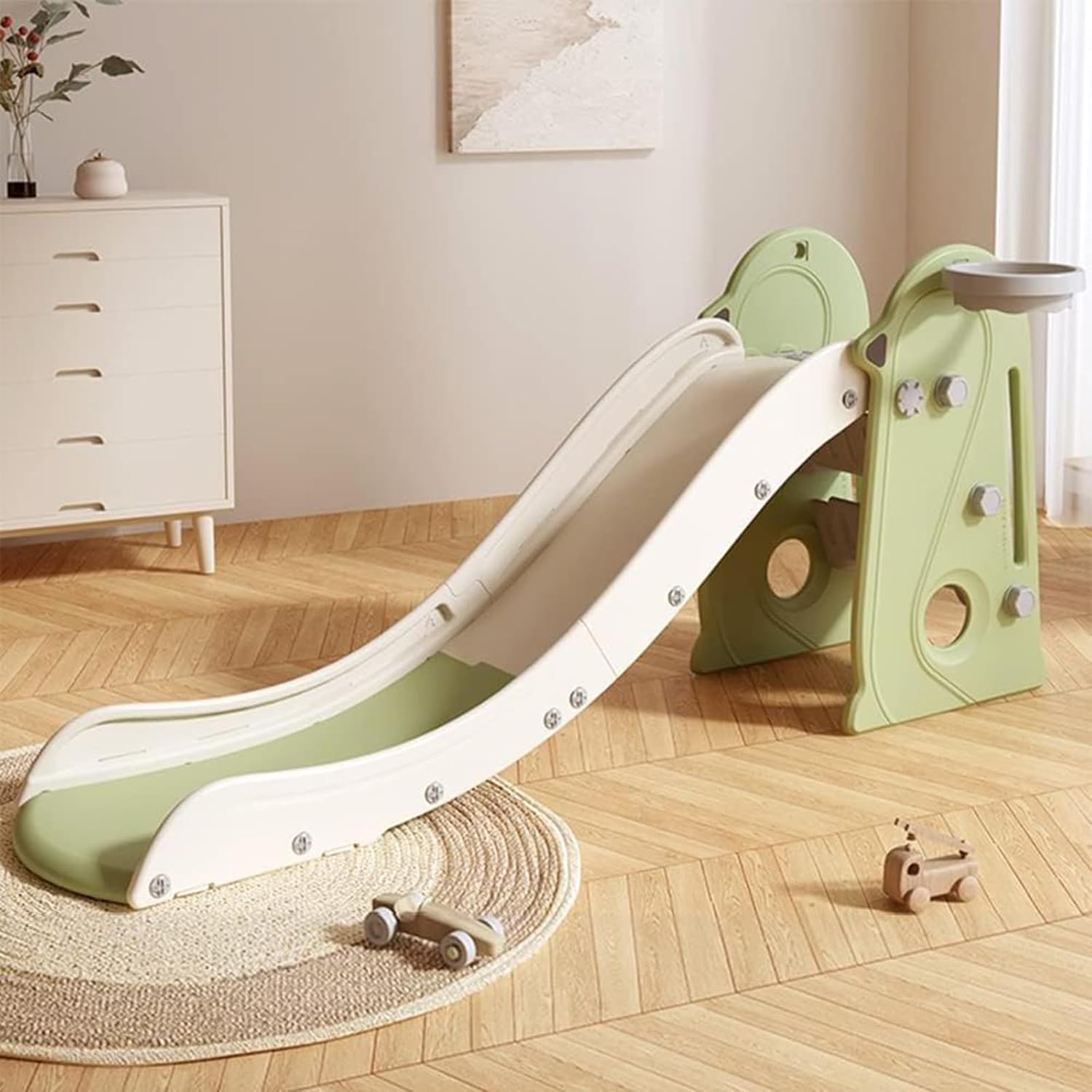 Toddler Slide Climbing Playset with Basketball Hoop â Foldable, Kids Slide Indoor Anti-Slip Steps, 69in, 130lb Weight Capacity