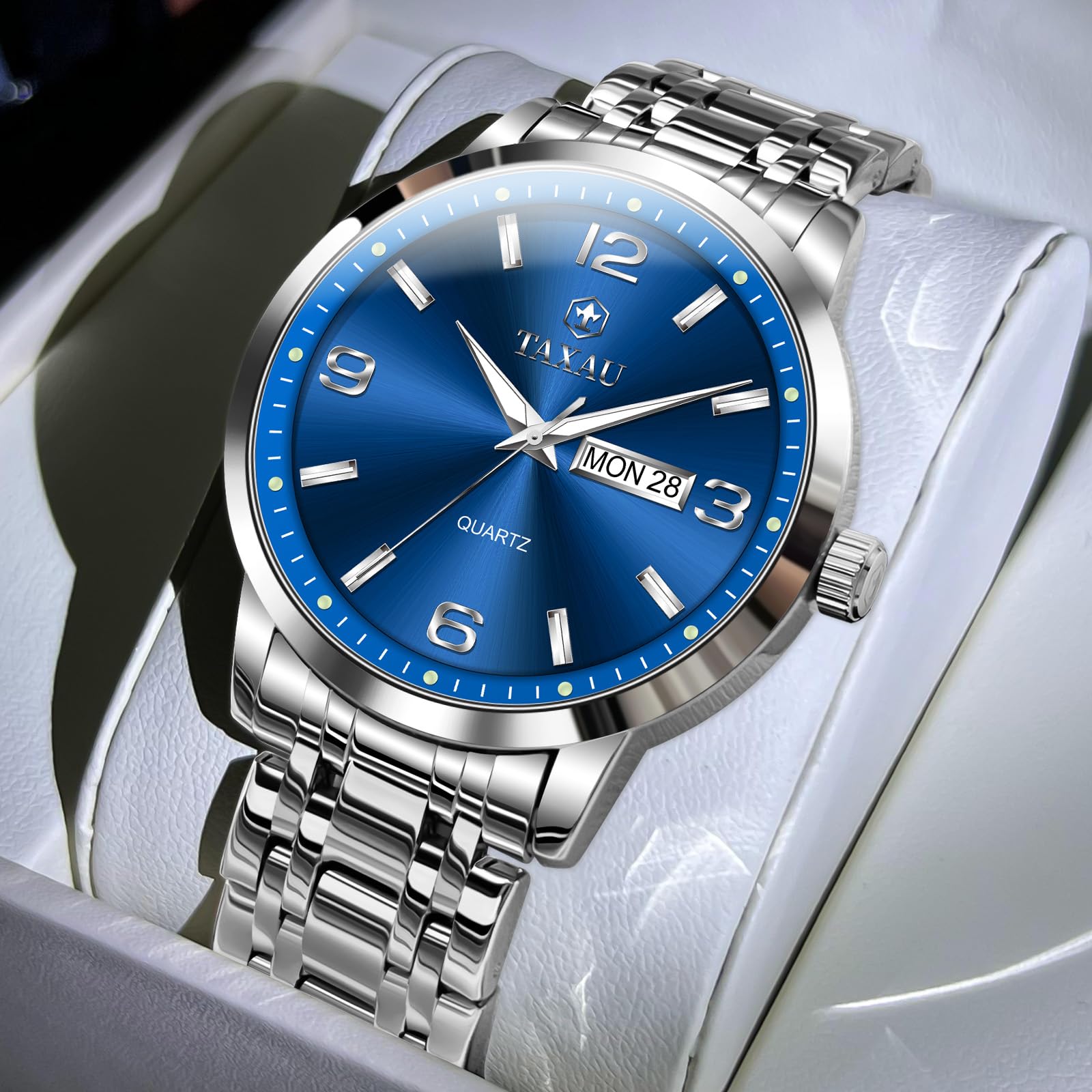 Taxau Armbanduhr Herren Analog Quarz wasserdichte Luxus Business Edelstahl Herrenuhren Multifunktion Leuchtdatum Elegantes Geschenk