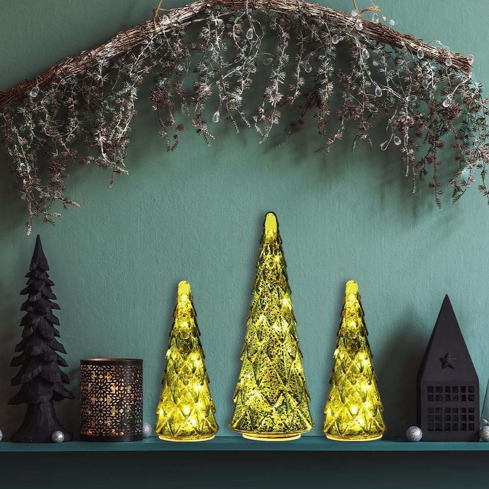 Christmas Decorations Indoor, YEAHOME Set of 3 Pre-lit Green Glass Christmas Tree for Home Decor, Christmas Table Decorations Lighted Xmas Tree with Timer for Living Room Mantel Tabletop Party