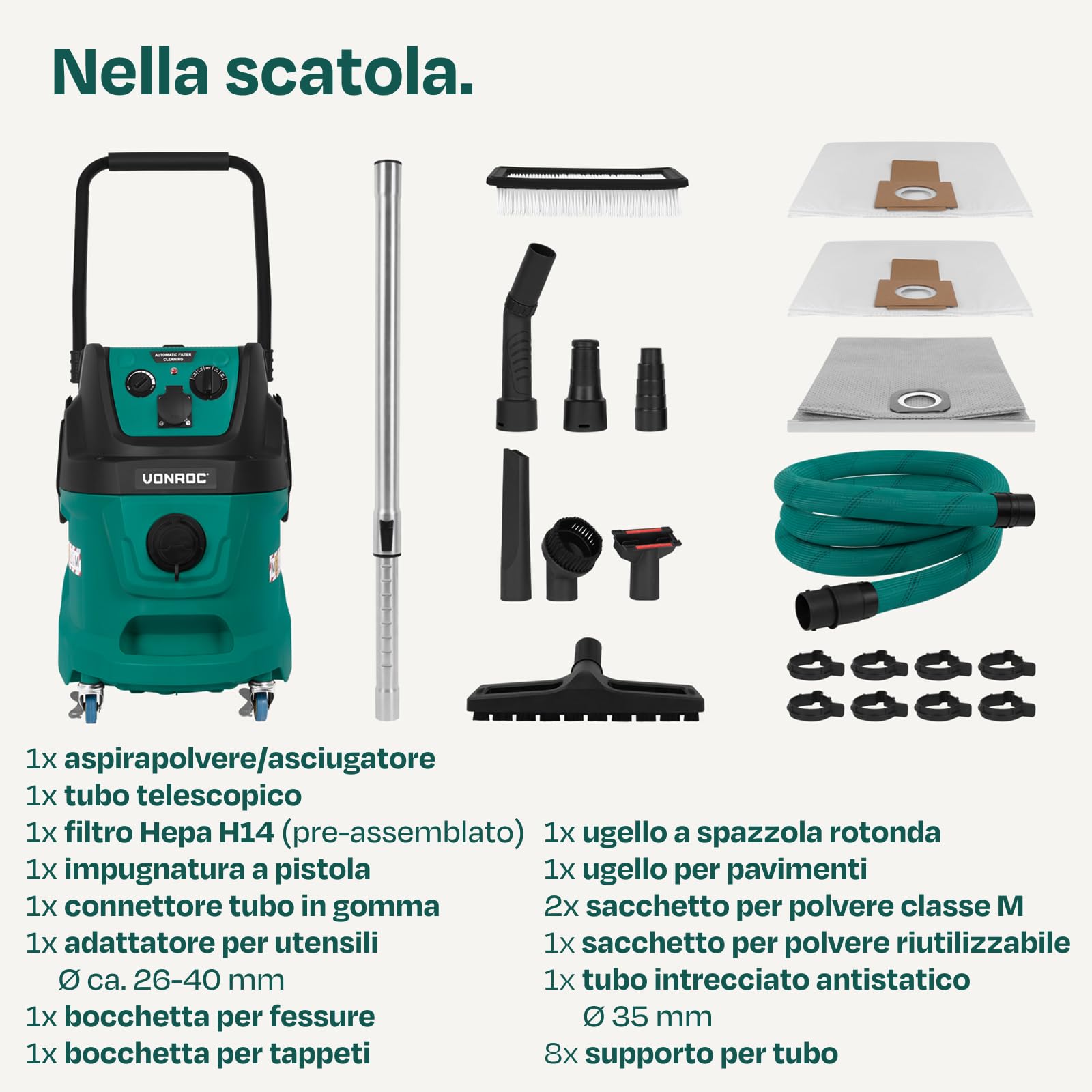 VONROC Aspiratore Industriale Classe M 1600W con Filtro HEPA H14, Pulizia Automatica a Impulsi, Aspirapolvere Wet & Dry per Cantieri, Tubo Antistatico Ø35 mm, Presa 2000W per Elettroutensili