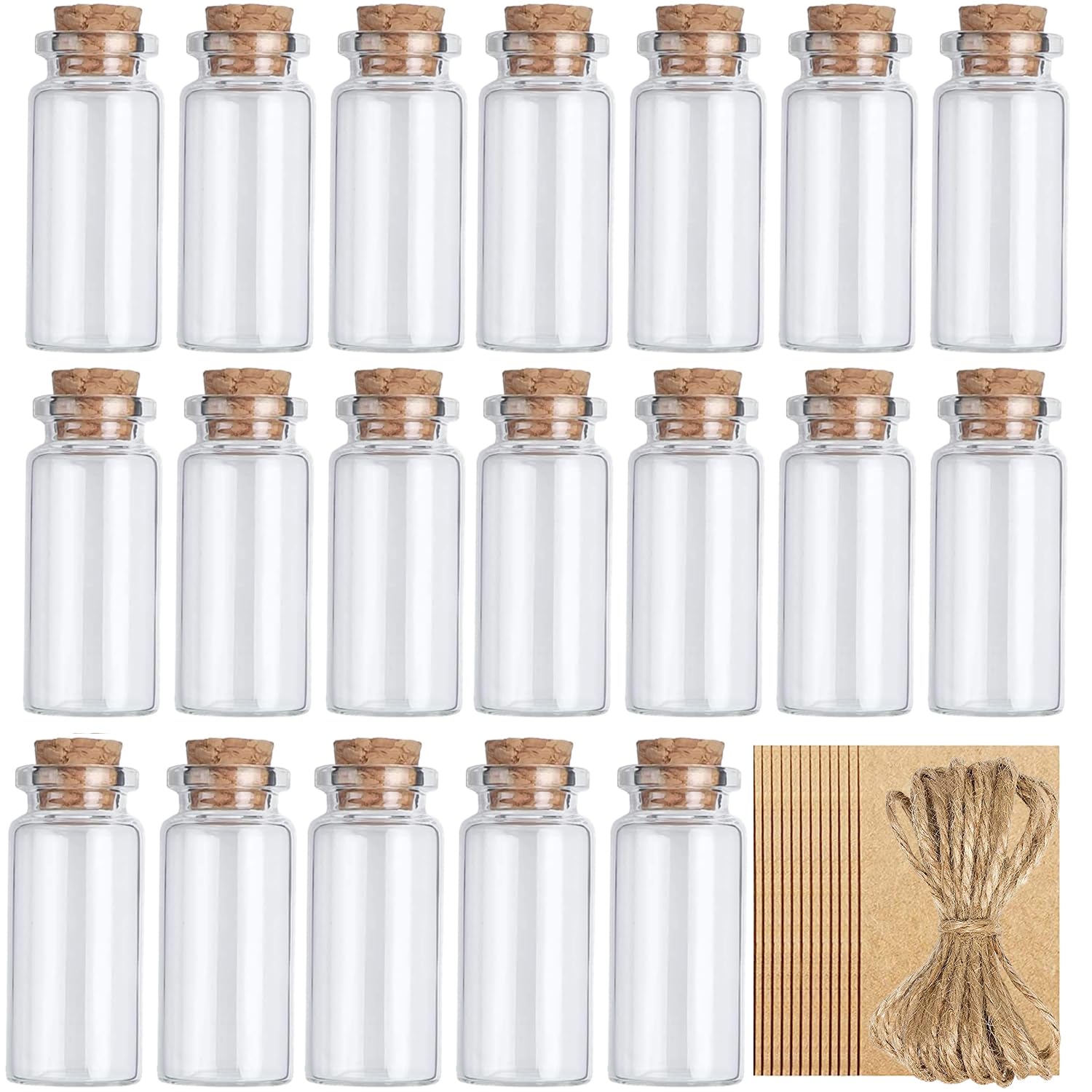 ATB-Foger 20 Flaconcini Di Vetro Da 10 Ml, Piccole Provette Con Tappo Di Sughero, Per Decorazioni Fai Da Te, Regali Di Nozze, Feste (20 Spago 20 Etichette Da Appendere - Foto 3