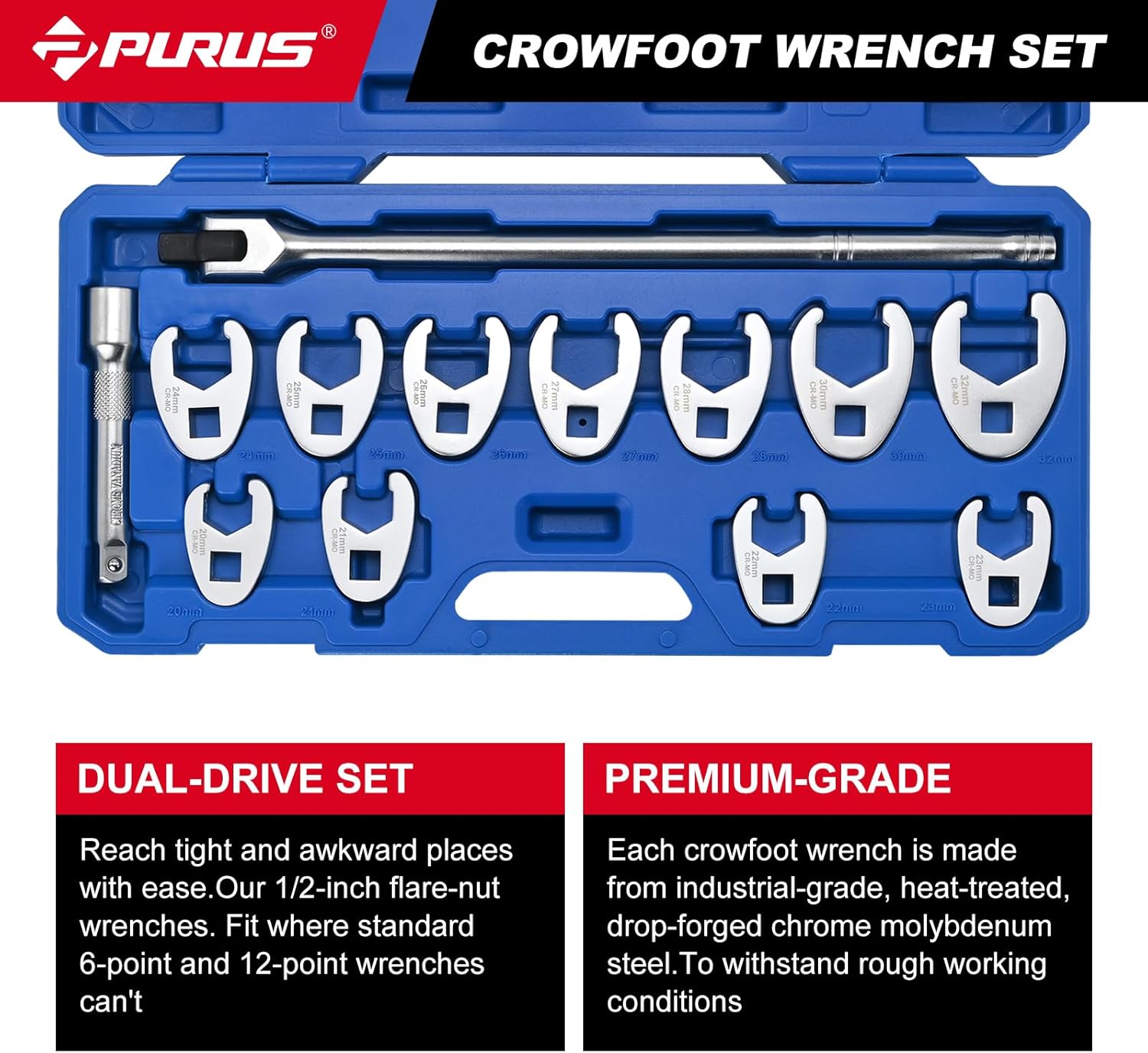 PURUS 13 PCS Crowfoot Wrench Set for 8 to 24 mm Flare Nuts, Wrench Set for 3/8" and 1/2" Drives Ratchets Extenders for Nut Removal for Tight-Space Automotive Work