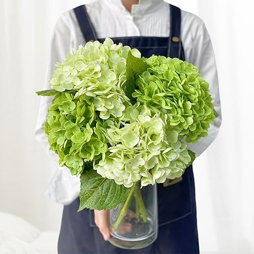 4 hortensias artificiales verdes, 21 pulgadas de seda de látex, flores artificiales realistas de tacto real, flores artificiales grandes para bodas,