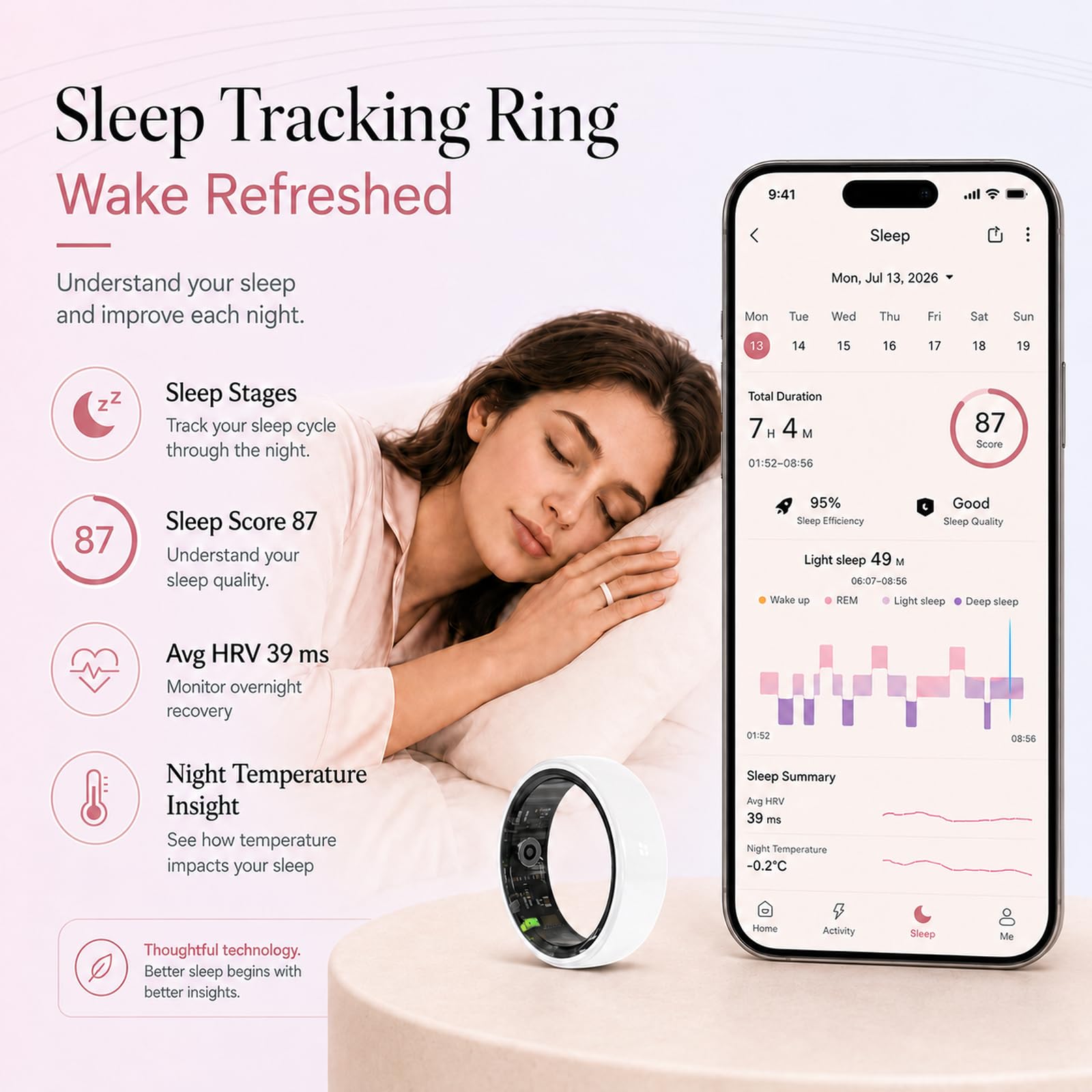 Anelli intelligenti per coppie, anelli sanitari per uomini e donne, monitoraggio della frequenza cardiaca 24/7, sonno, SpO2, stress, HRV e cicli. Impermeabile fino a 5 ATM, iOS/Android, senza