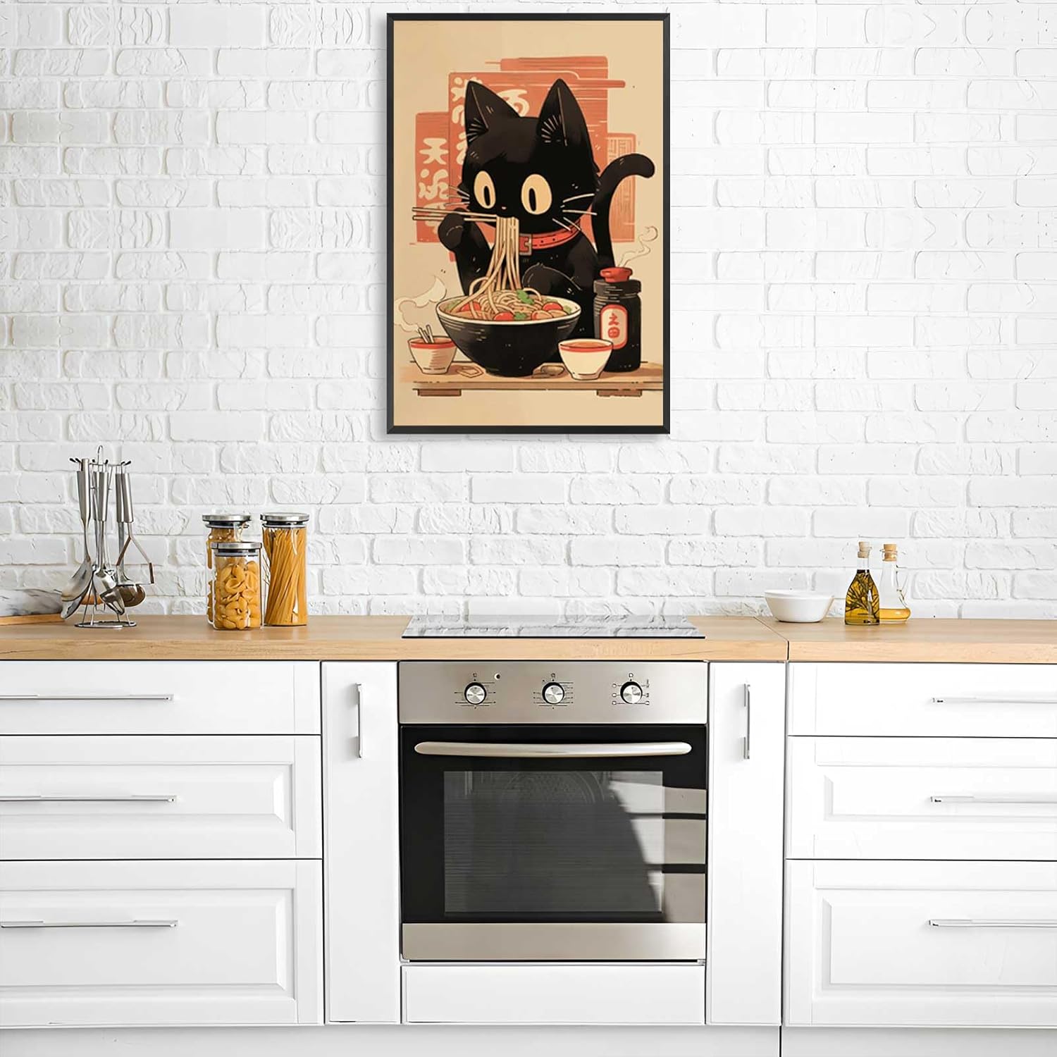 noskisy Vintage Japanese Black Cat Eat Noodle Posters Tokyo Ukiyoe Cute Cats Canvas Wall Art Period Ramen Noodles Prints Painting For Kitchen Home Bedroom Dorm Wall Decor 8x12in Framed