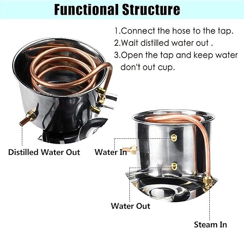 Miniatura 4 de Destilador de acero inoxidable con condensador de tubo de cobre, kit de preparación casera con termómetro, para bricolaje, 6 l/1.5 galones 6L/1.5