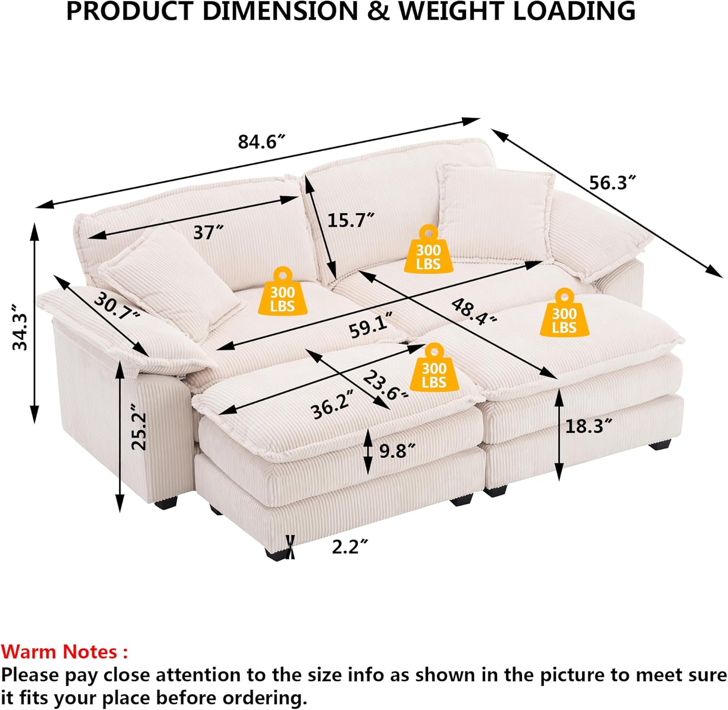 Aoowow Corduroy Loveseat Sofa Couch with Ottomans,Modular Sectional 2 Seater Sofa with Deep Seat,Modern Cloud Sofas with Throw Pillows for Living Room (Off White, Loveseat with Ottoman)