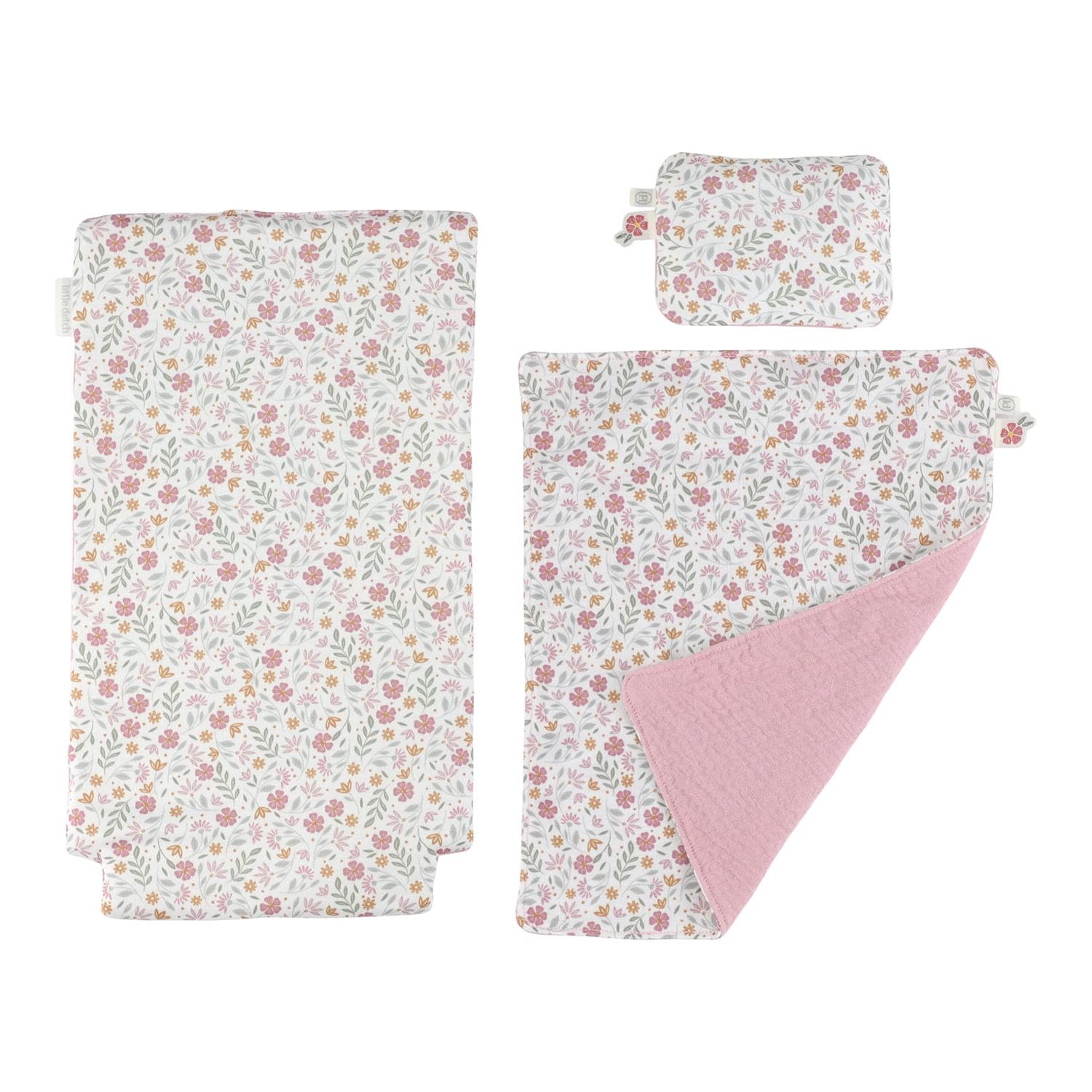 Little Dutch Cochecito para muñecas de madera, incluye ropa de cama, ruedas de goma, flores blandas, color rosa