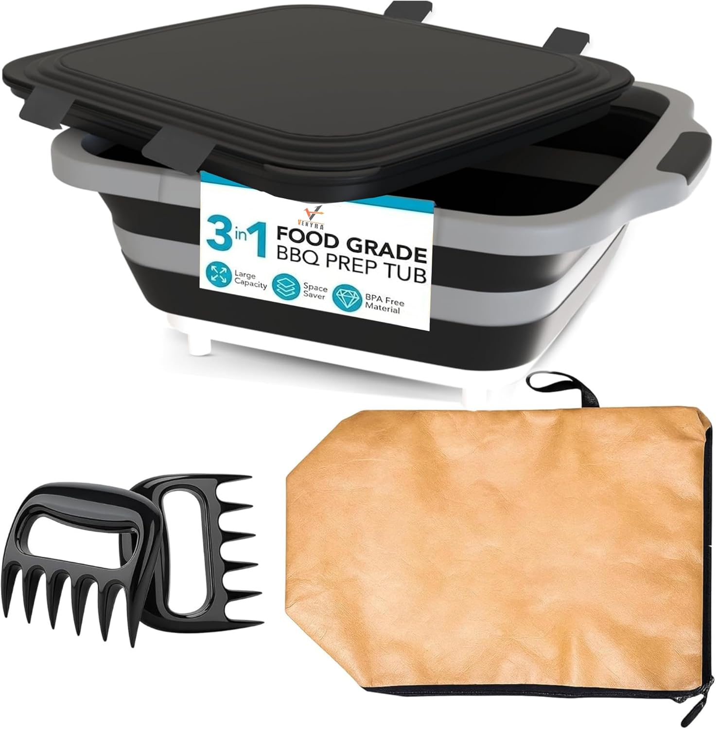 BBQ Prep Tub with Locking Lid, 2 Meat Shredder Claws Collapsible Cutting Board with 3 Adjustable Heights. BBQ Prep tub & Resting Bag, Multifunction Basin for Kitchen, Grilling, Camping & Picnics.