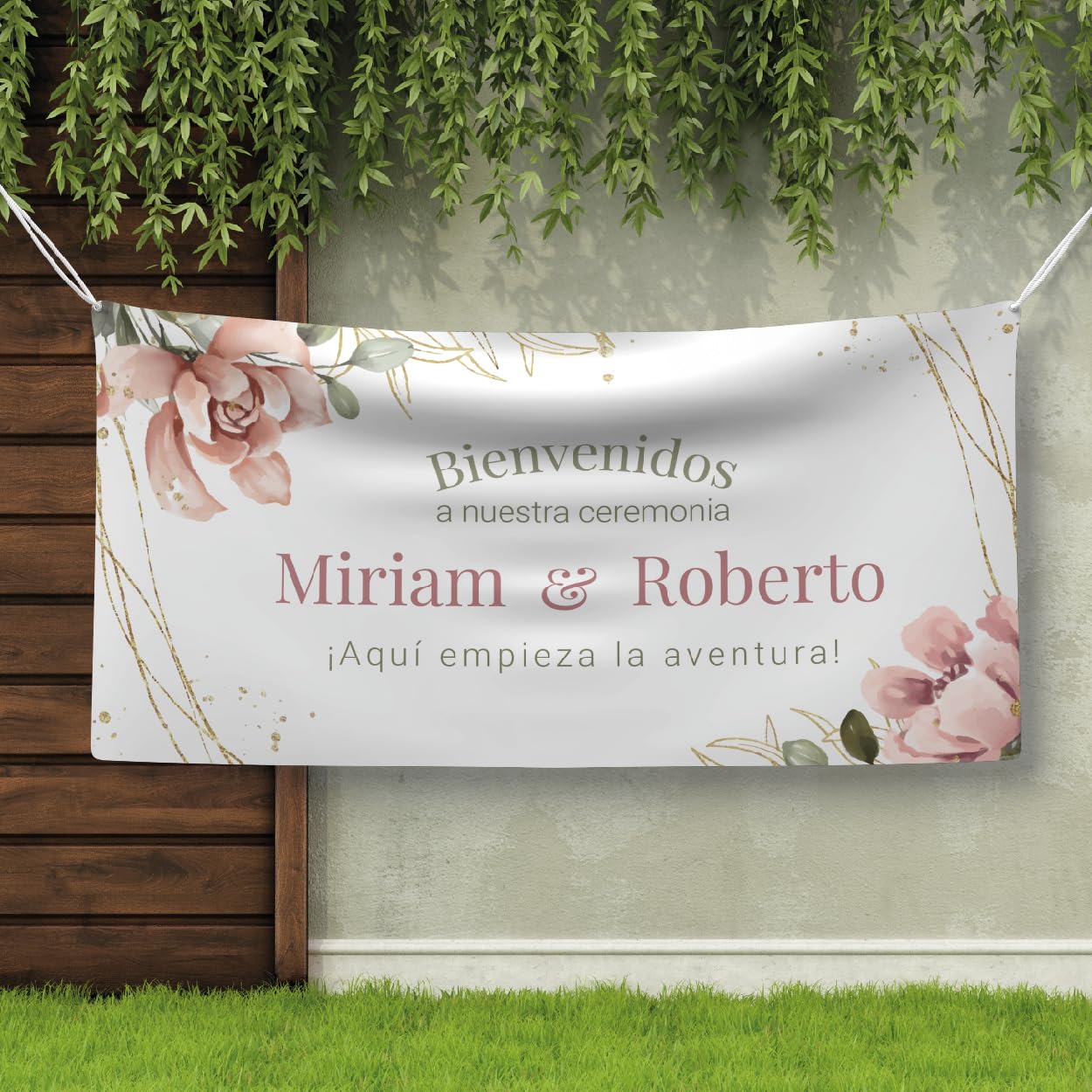Pancarta personalizada - Cartel Bienvenida Boda | Print Stamp Love, Lona personalizada PVC Resistente, Decoración de bodas oro o plata, Incluye ojales para colocación,MODELO 4