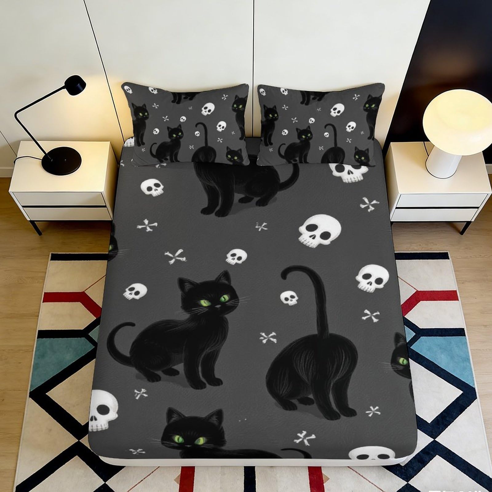 Kzqjxnhpcr Style-1 3D Printed Black Cat Skull Fitted Sheet Microfiber Deep Pocket Non-Slip Bedroom Bedding Black Cat Mattress Fitted Cover For Adults Teens 90X200x25cm 90X200x25cm
