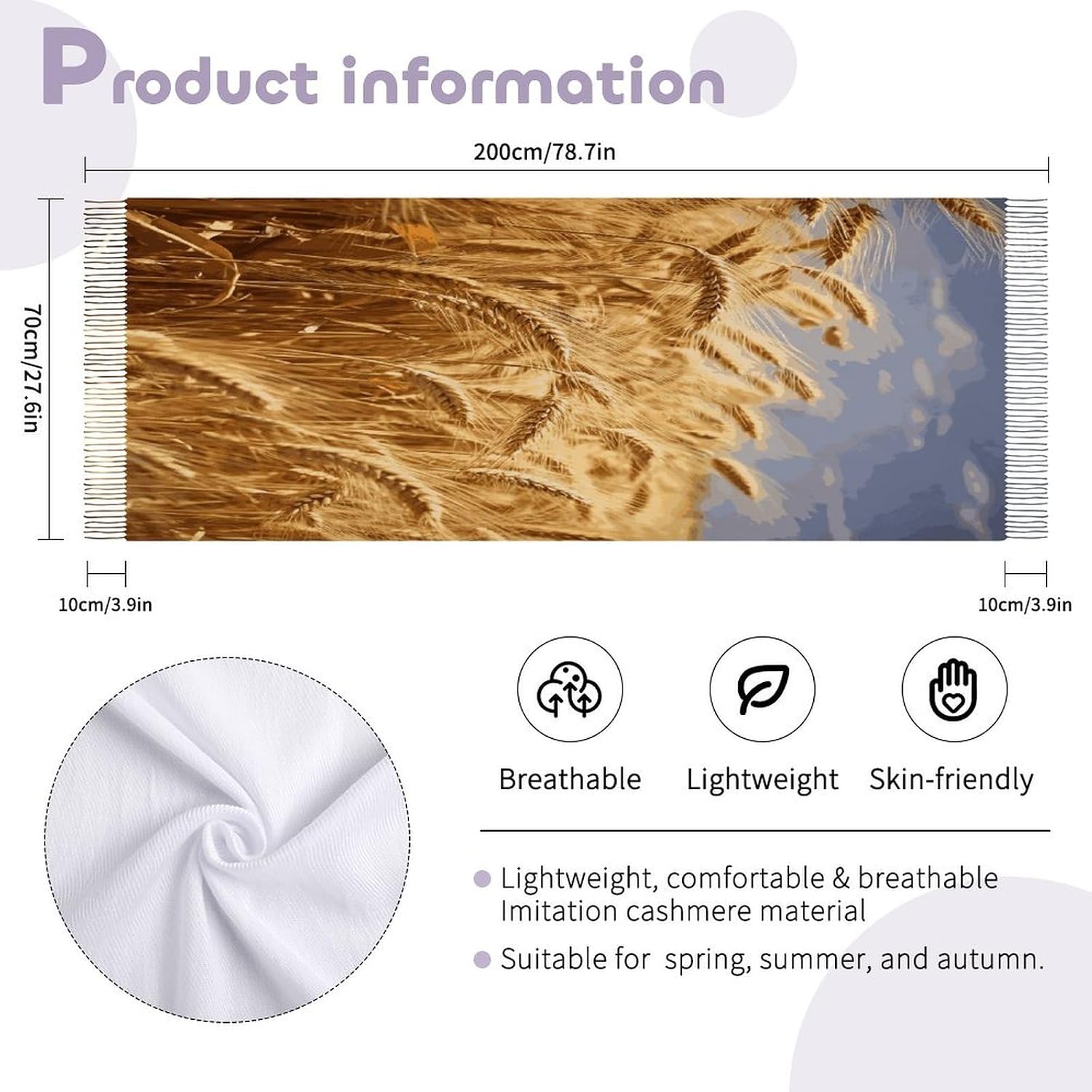 Wheat Harvest Scarf for Women Men Soft Warm Fashion Blanket Scarves Classic Cashmere Feel Scarf Long Shawl Large Scarves Cold Weather Thick Blanket Scarfs
