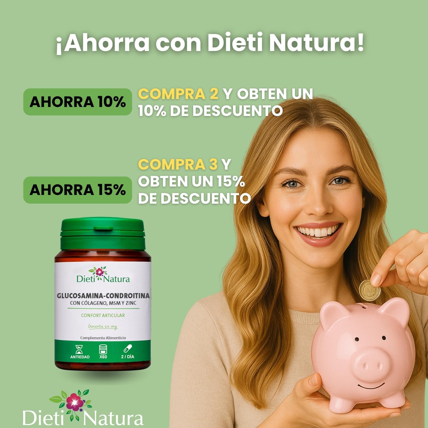 Dieti Natura Cápsulas de Glucosamina con Condroitina - Con MSM, Colágeno Marino, Zinc y Manganeso - Para la Flexibilidad y Movilidad de las articulaciones - Fabricado en Francia sin OMG (60 Cápsulas)