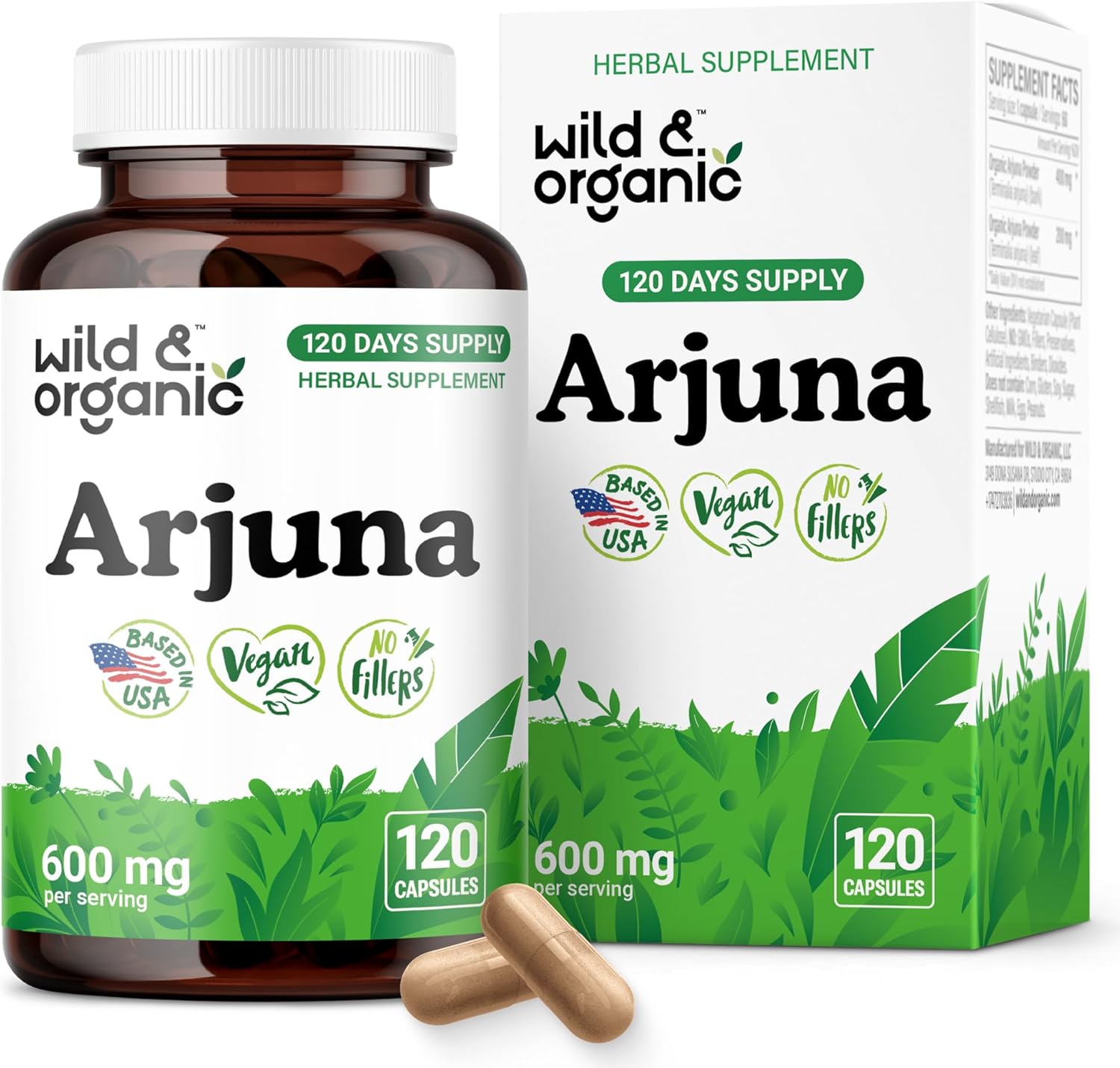Wild & Organic Arjuna Bark Capsules - Overall Support - Arjuna Powder Supplement - 120 Herbal Capsules - 4-Month Supply - Terminalia Bark & Leaf Extract - Vegan, No Fillers, Non-GMO