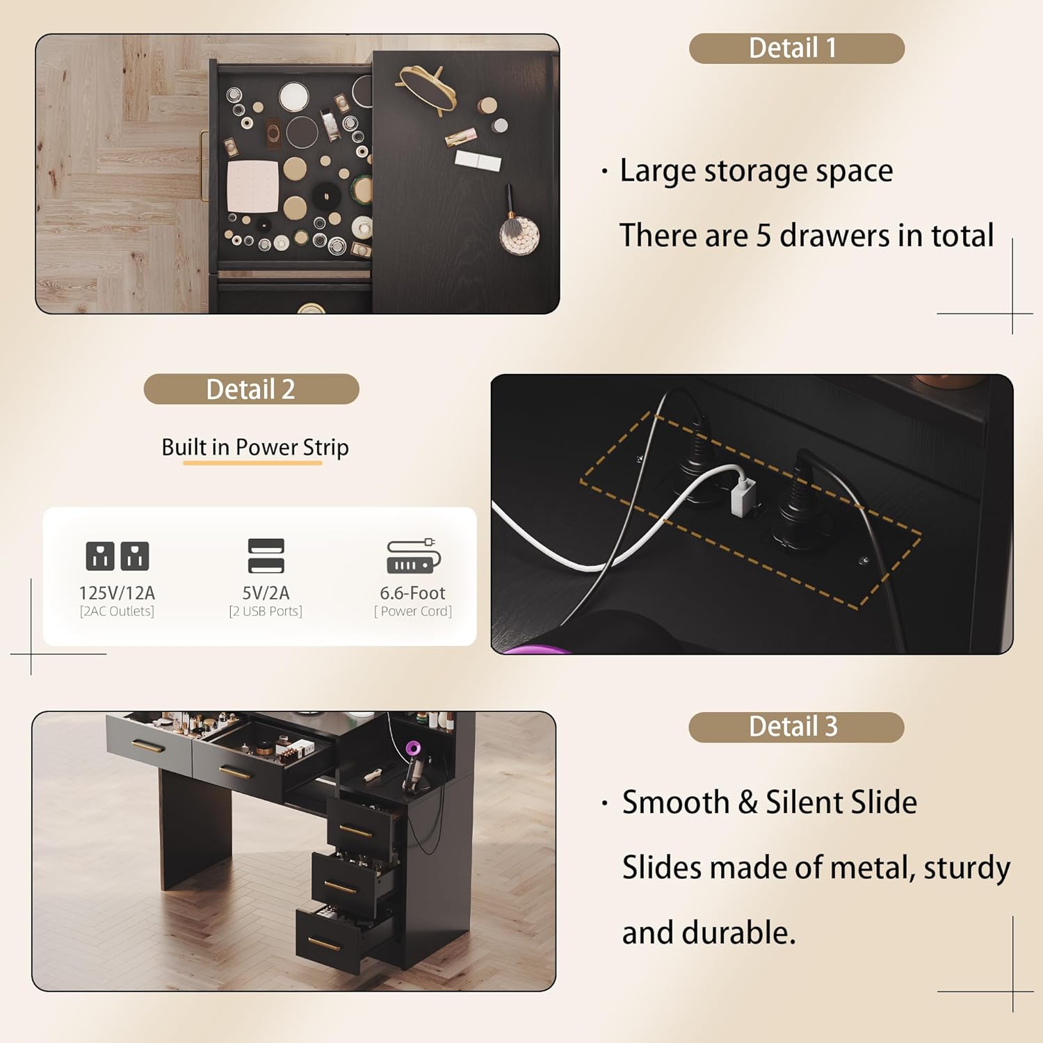 Makeup Vanity with Lights & Charging Station, Black Vanity Table with 5 Drawers & Open Storage Shelves, Bedroom Makeup Dressing Table Set for Women Girls Golden Handles