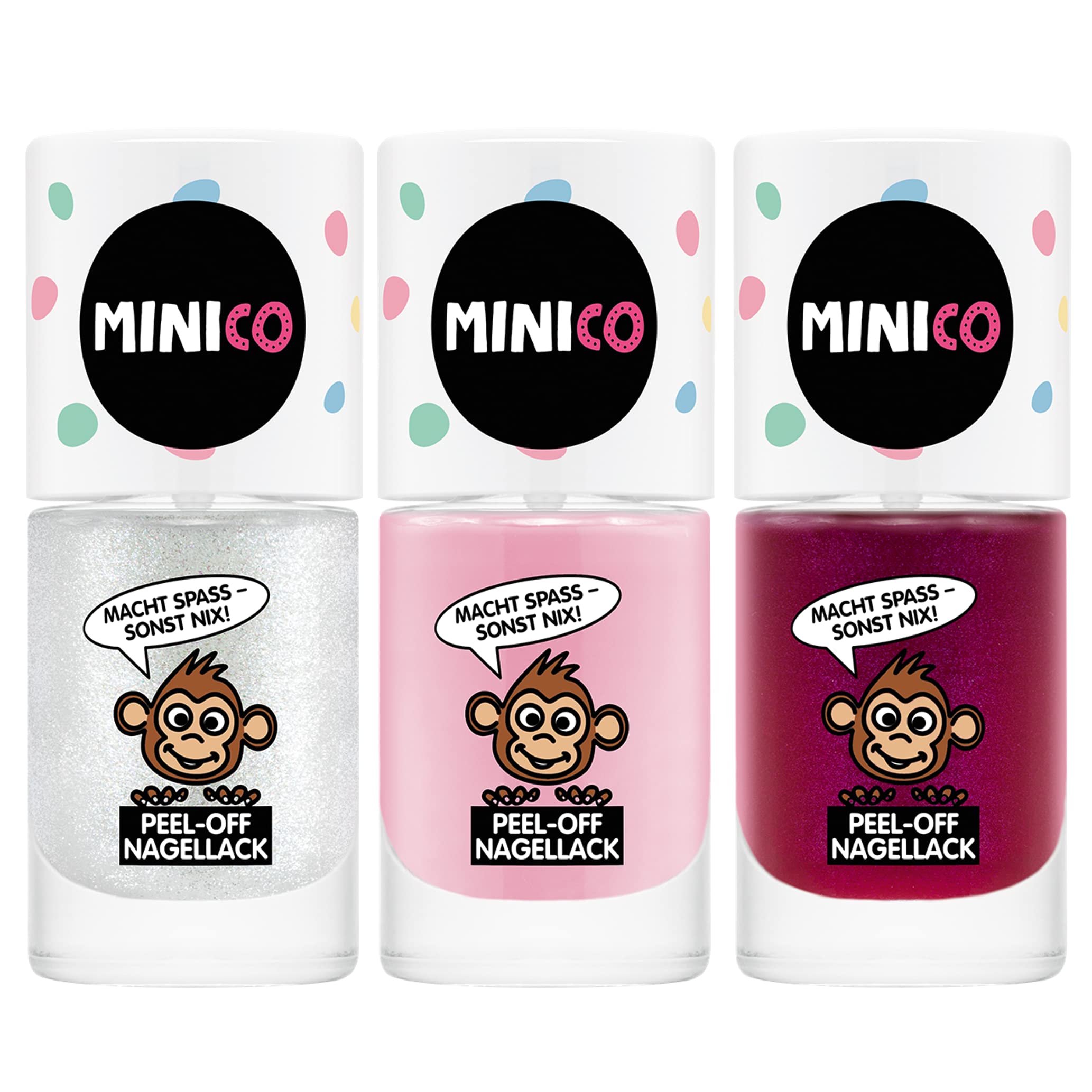 MINICO Premium Kinder Nagellack 3er Set Glitzer, Rosa & Pink, 3 x 5ml, abziehbar, kindgerecht, wasserbasis, derma-getestet, vegan, peel-off entfernbar