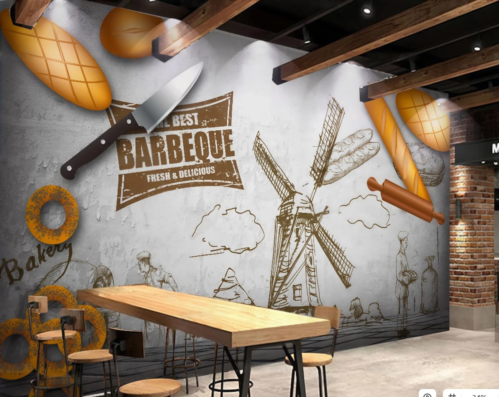 XDOUBAO Wallpaper Nostalgic Cement Wall Hand-Painted Delicious Cakes Handmade Bakery Afternoon Tea Western Restaurant Background Wall Wallpaper Coffee Shop Mural,3D,150x105cm