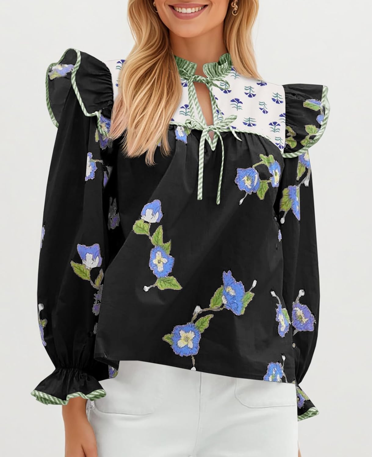 Tankaneo Womens Floral Print Babydoll Tops Casual Boho Blouse V Neck Ruffle Puff Sleeve Cute Shirts - Image 5