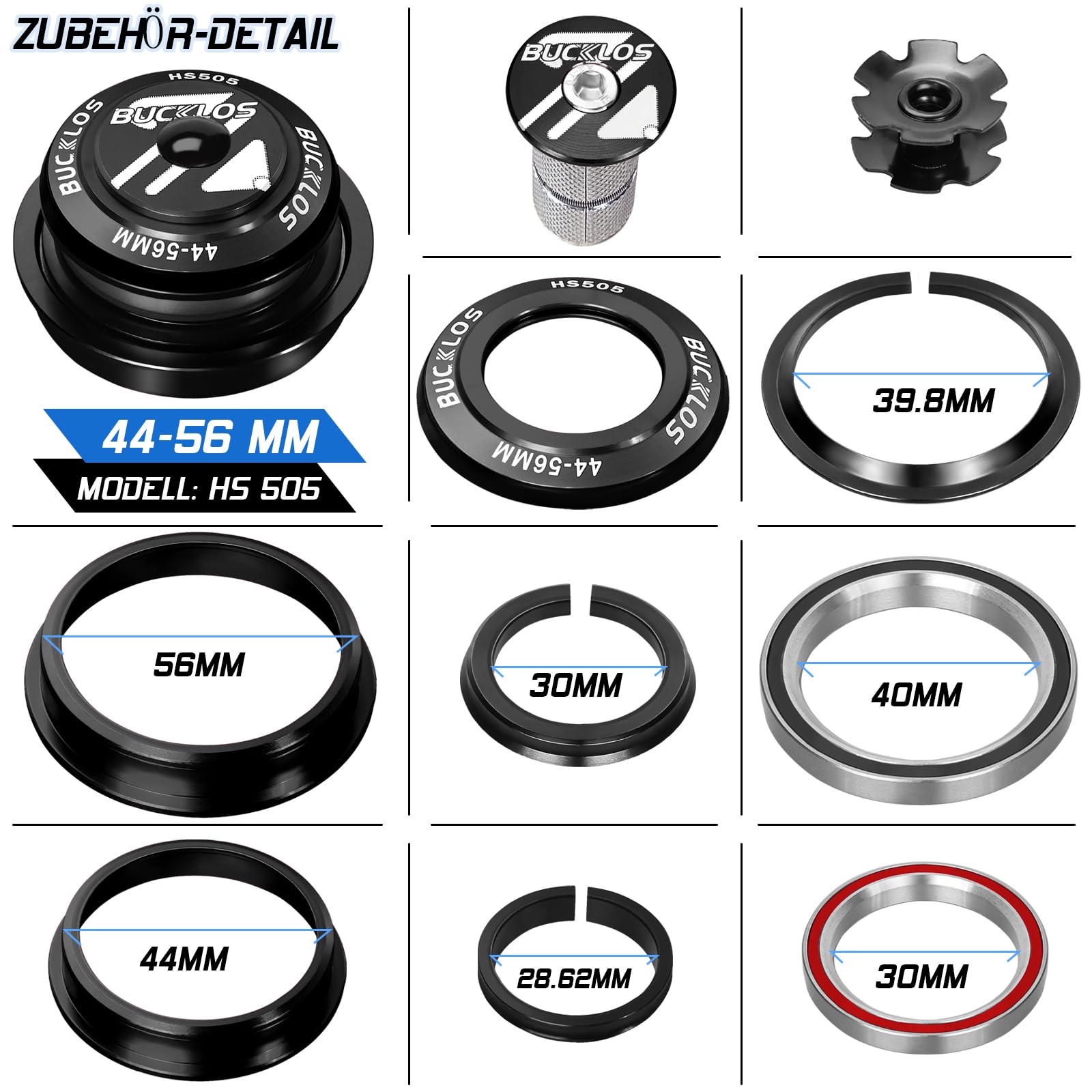 1-1/8 Fahrrad-Steuersatz MTB Gewindefrei 34 44 44-55 44-56 mm, gerades konisches Rohr Mountainbikes Rennrad Doppelt abgedichtete Lager Steuersätze, für Rahmen Gabel-Expander-Stopfen Sternmutter