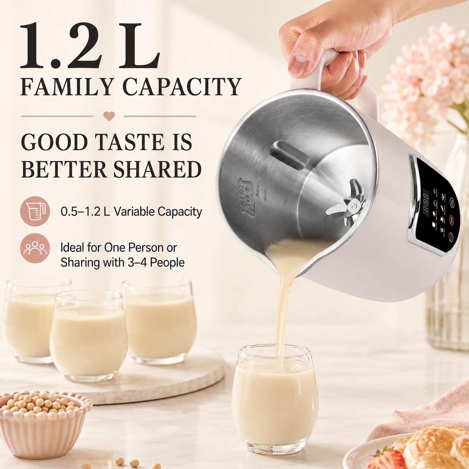 Macchina Automatica per Latte di Soia 1,2 L, 8-in-1 con Timer 12 Ore | 12 Lame, Frullatura dei Legumi Secchi Senza Ammollo, Autopulizia ad Alta Temperatura per Mandorla, Avena, Cocco e Soia