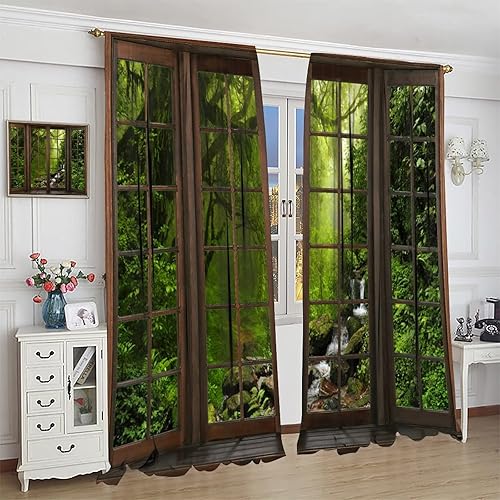 Miniatura 4 de Cortinas con vista de la naturaleza, ventana exterior, hermoso estampado de bosque y río, dormitorio sala de estar, cortinas opacas aisladas, juego