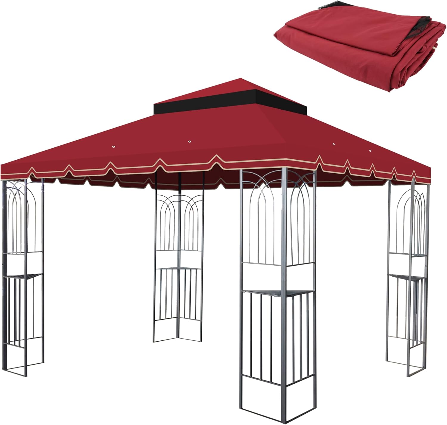 10x10 Ft Outdoor Patio Gazebo Replacement Canopy,Double Tiered Gazebo Tent Roof Top Cover Only GreatWall border(Frame Not Include) Red