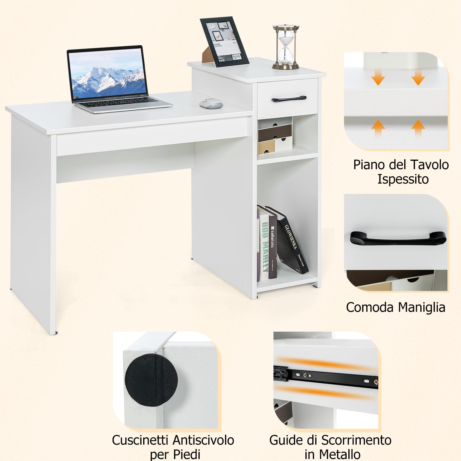 COSTWAY Scrivania con Cassetto, Scrivania da Computer, Tavolo da ufficio, 104 x 50 x 82cm (Bianco)