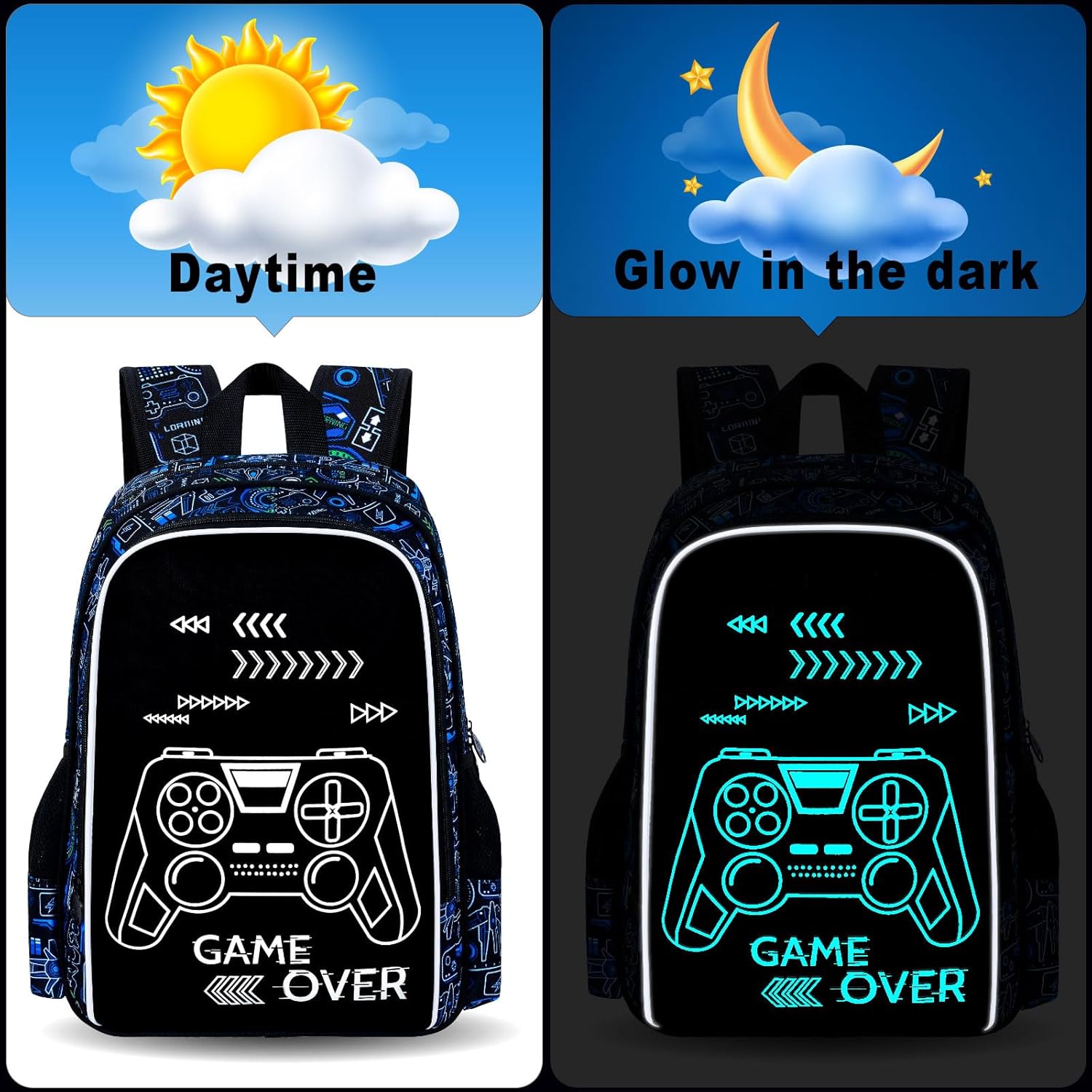 17 Inch Glow in The Dark Backpack, 3Pcs Gamer Bookbag for Boys With Lunch Box, School Laptop Backpacks Set For Teens(Blue) - Image 3