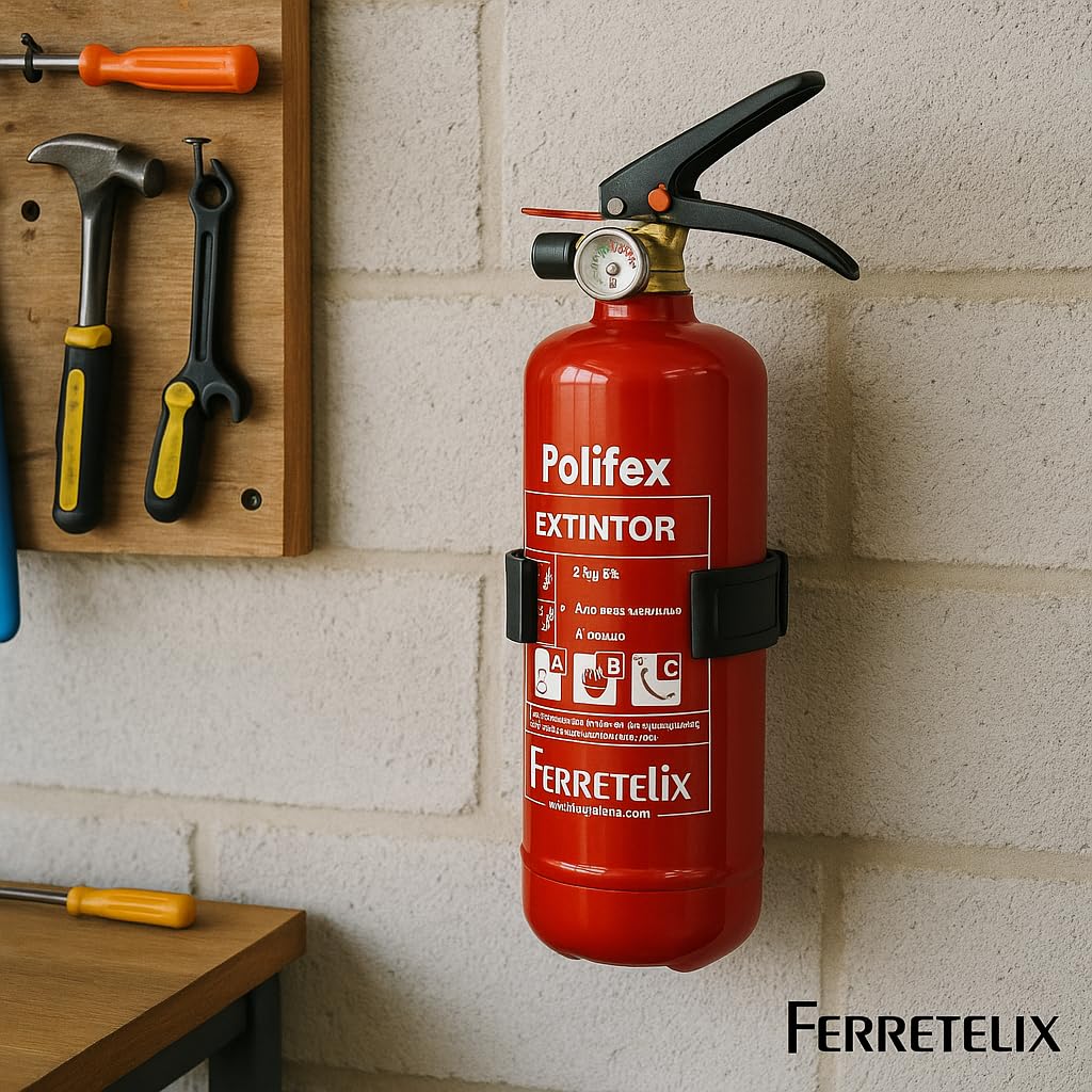 FERRETELIX® Extintor 2 Kg ABC (Eficacia 8A 34B C) + Soporte + Cartel Fotoluminiscente 21x30 cm – Homologado – Fabricado en España – Año 2026