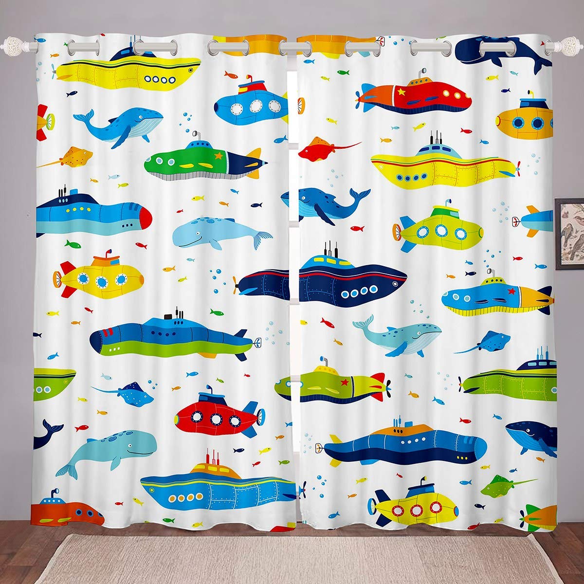 Loussiesd Kids Cartoon Window Curtain Boys Girls Whale Ship Submarine Curtains for Bedroom Ocean Nautical Blackout Curtains Underwater Animal Darkening Thermal Drapes W46*L54,2 Panel Set