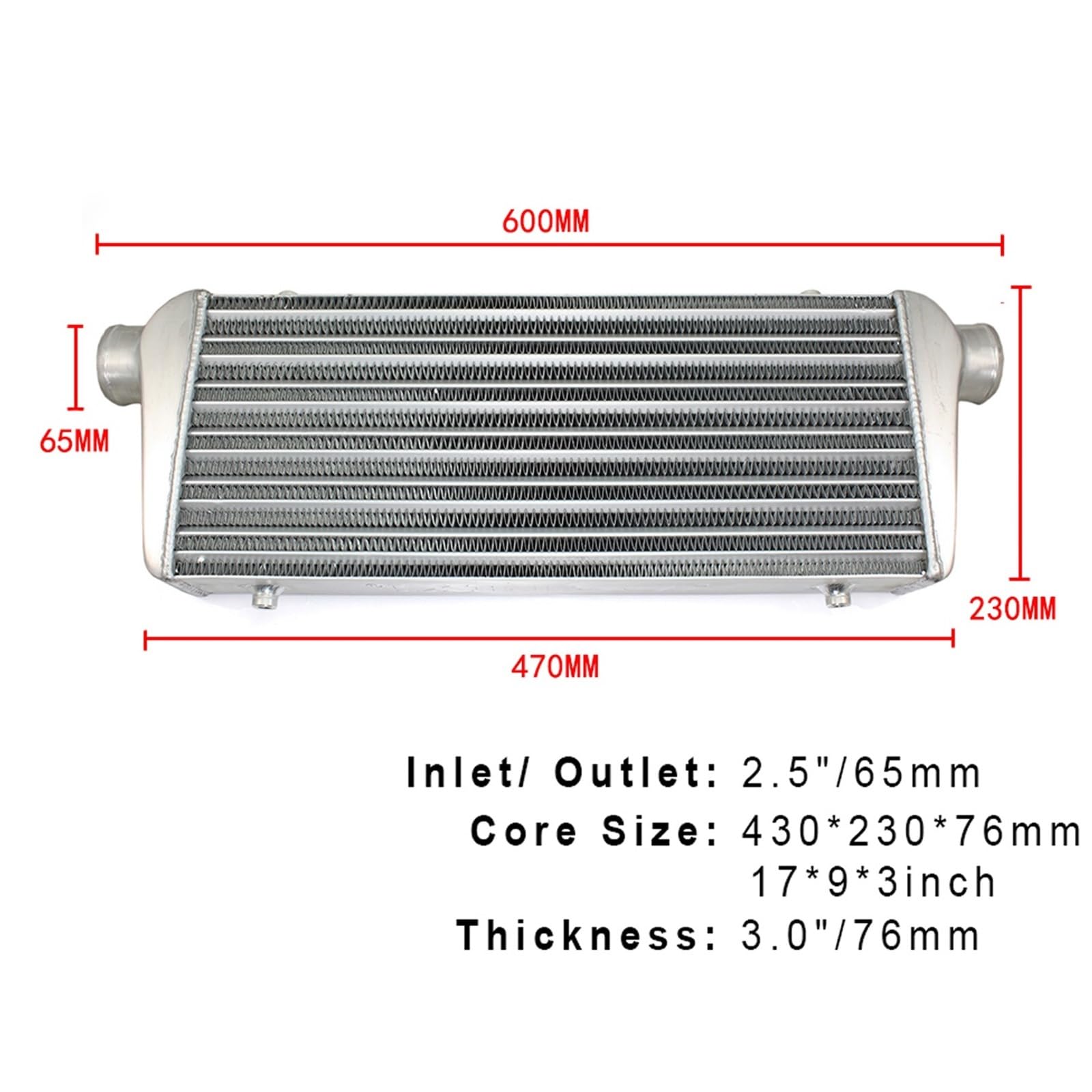 Chłodnica Układu Chłodzenia Oleju Samochodowego Uniwersalna 65mm ID Aluminiowa Turbosprężarka Dolot Zimnego Powietrza Intercooler 430x230x76mm