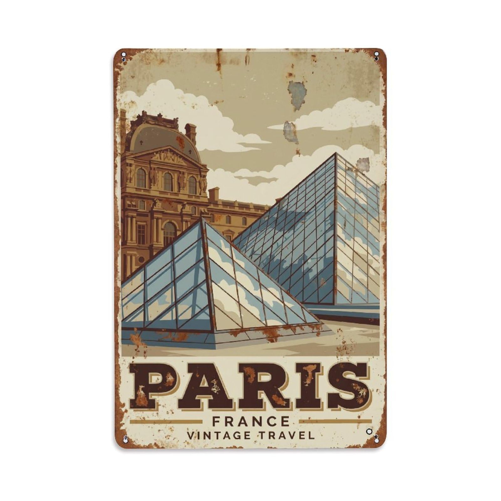 Vintage Travel Paris Louvre Museum Pyramid Rusted France Metal Tin Sign Plaque Wall Decor for Cafe, Club Bar, Office, Home Garden Metal Poster 8x12Inch